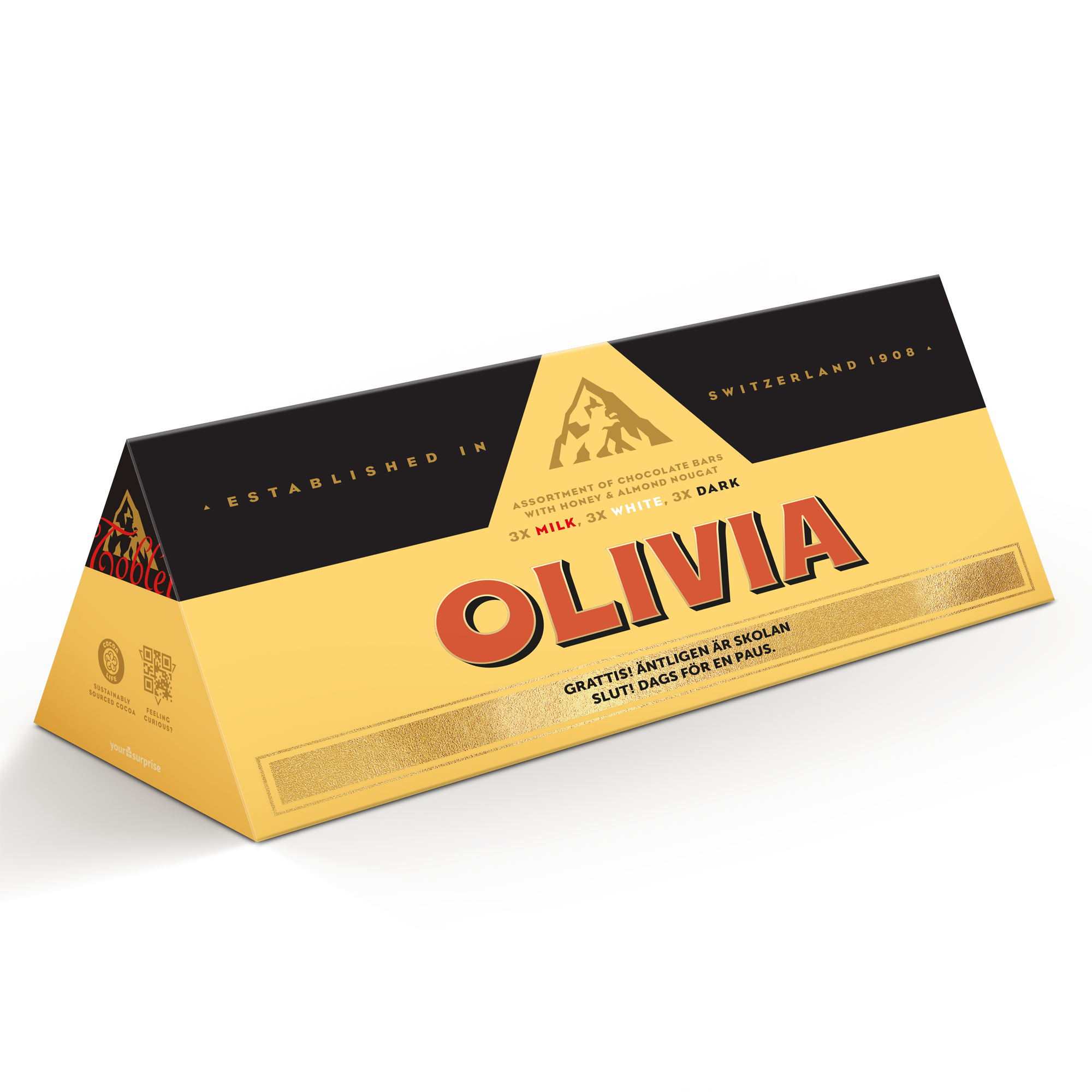 Personlig XL Toblerone Selection chokladkaka med namnet Olivia och texten "Grattis! Äntligen är skolan slut! Dags för en paus." tryckt på omslaget.