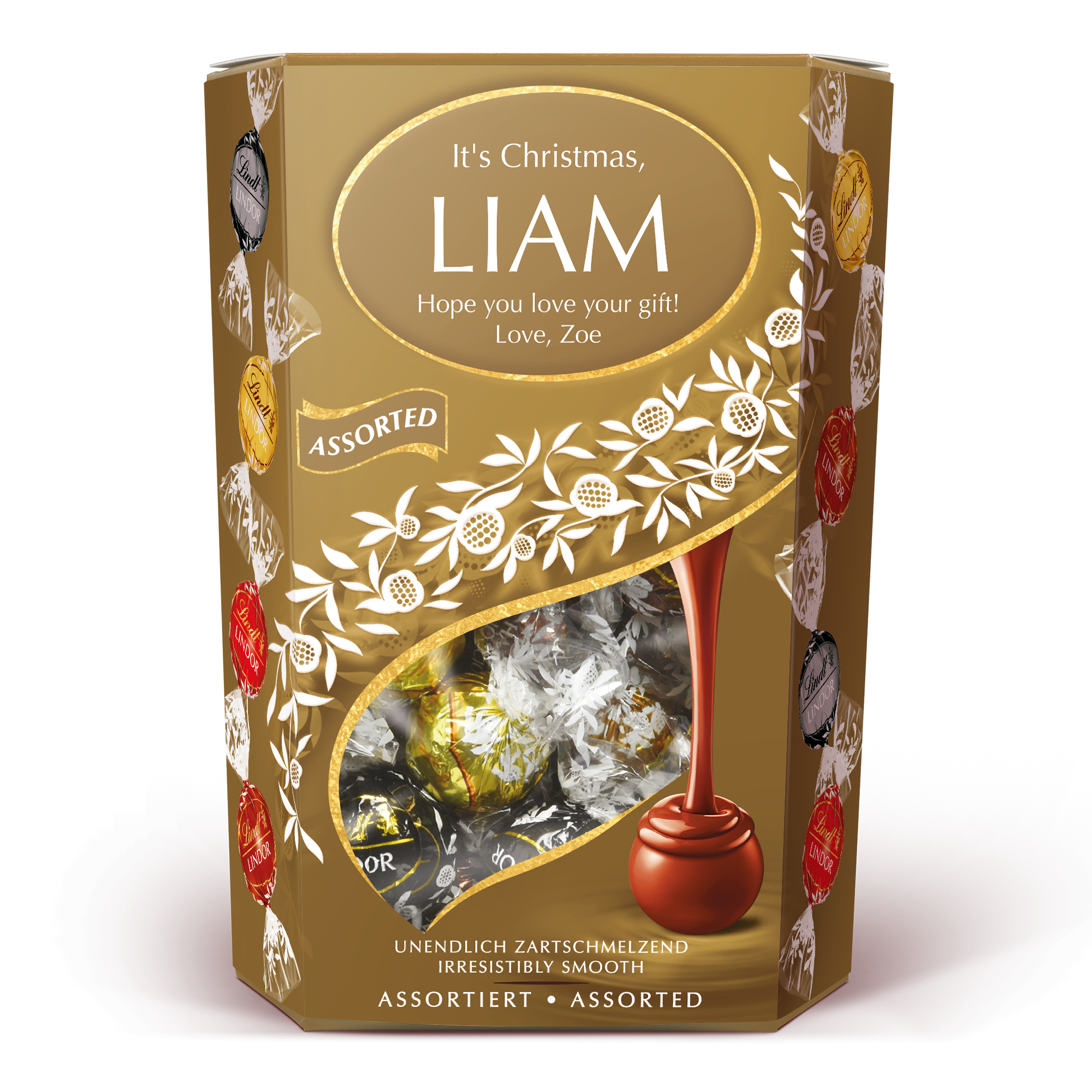 Caixa de presente de chocolate Lindt personalizada para chocólatras, com mensagem "It's Christmas, Liam", impressa com nome e texto.