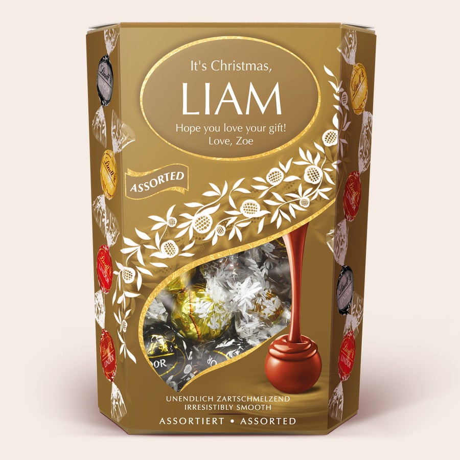 Caixa de oferta de chocolate Lindt Caixa de presente de chocolate Lindt personalizada para chocólatras, com mensagem "It's Christmas, Liam", impressa com nome e texto.