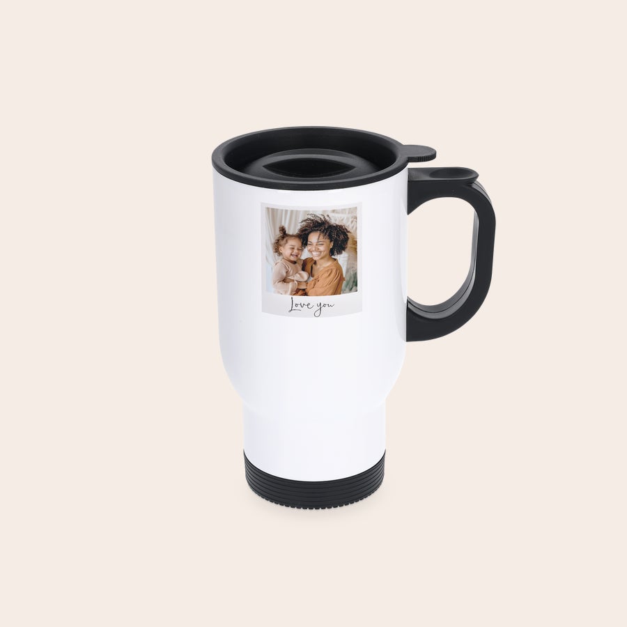 Personalised thermos mug White personalized thermos mug printed with a photo of a woman and child and "Love you" text. Transform any daily drink with a custom touch.
