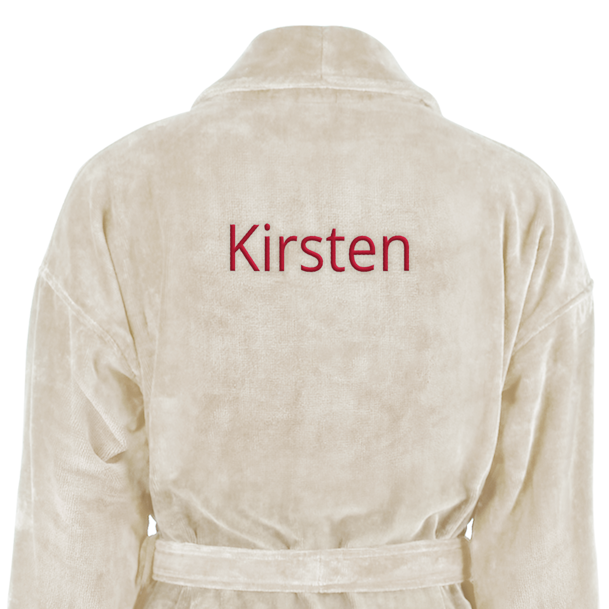 Ein cremefarbener Frottee-Bademantel mit dem Namen "Kirsten" in Rot auf dem Rücken, Ihr eigener Bademantel mit Namen bestickt.
