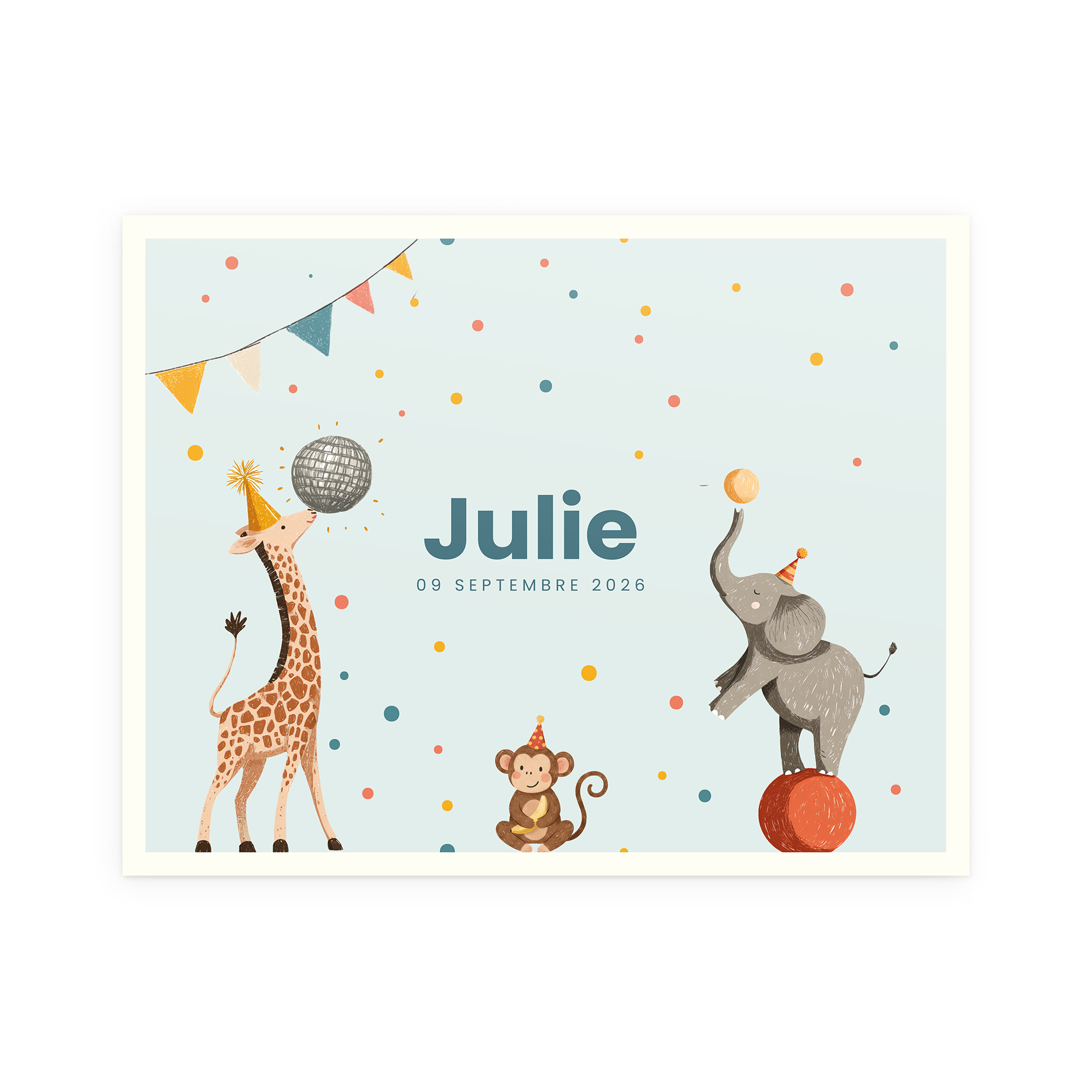 Carte personnalisée motif cirque avec girafe éléphant singe imprimée avec prénom Julie et date 09 septembre 2026