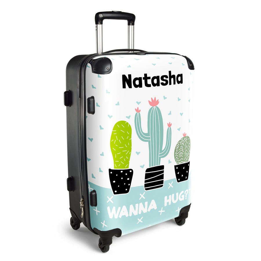 Lightweight XL Princess suitcase printed with three cacti, the name Natasha, and the text Wanna Hug