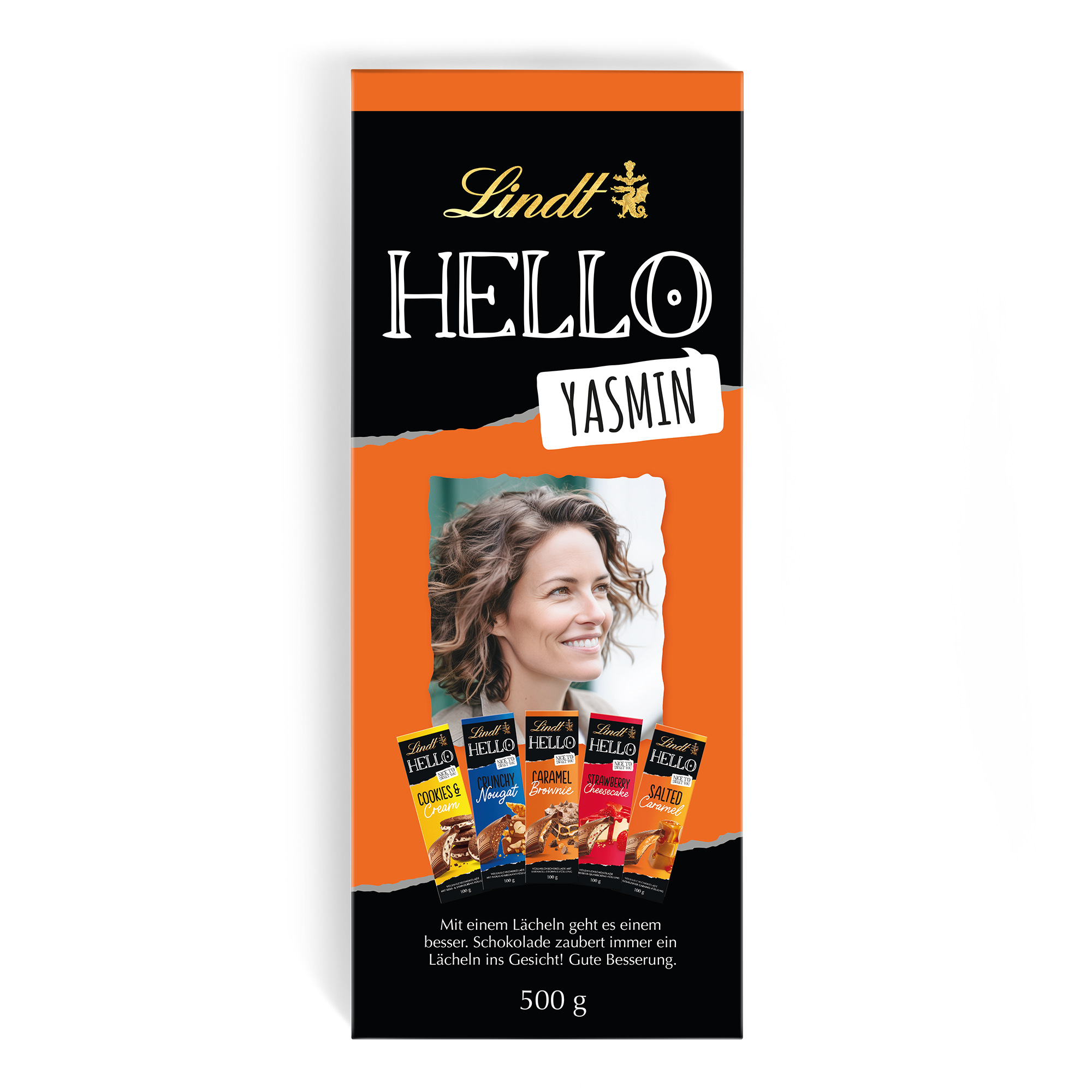 Personalisierte Mega Lindt Schokolade mit aufgedrucktem Foto, dem Namen Jasmin und Schokoriegeln, 500 g.
