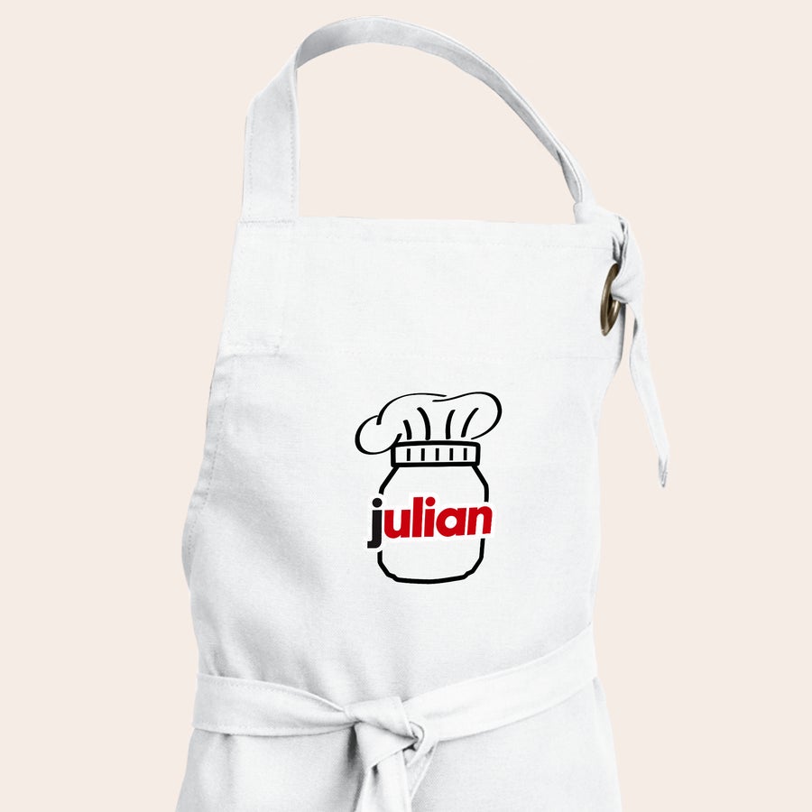 nutella®-Geschenkset - Backspaß Weiße Schürze mit schwarzem Umriss eines nutella Glases und Kochmütze, Name Julian rot gedruckt