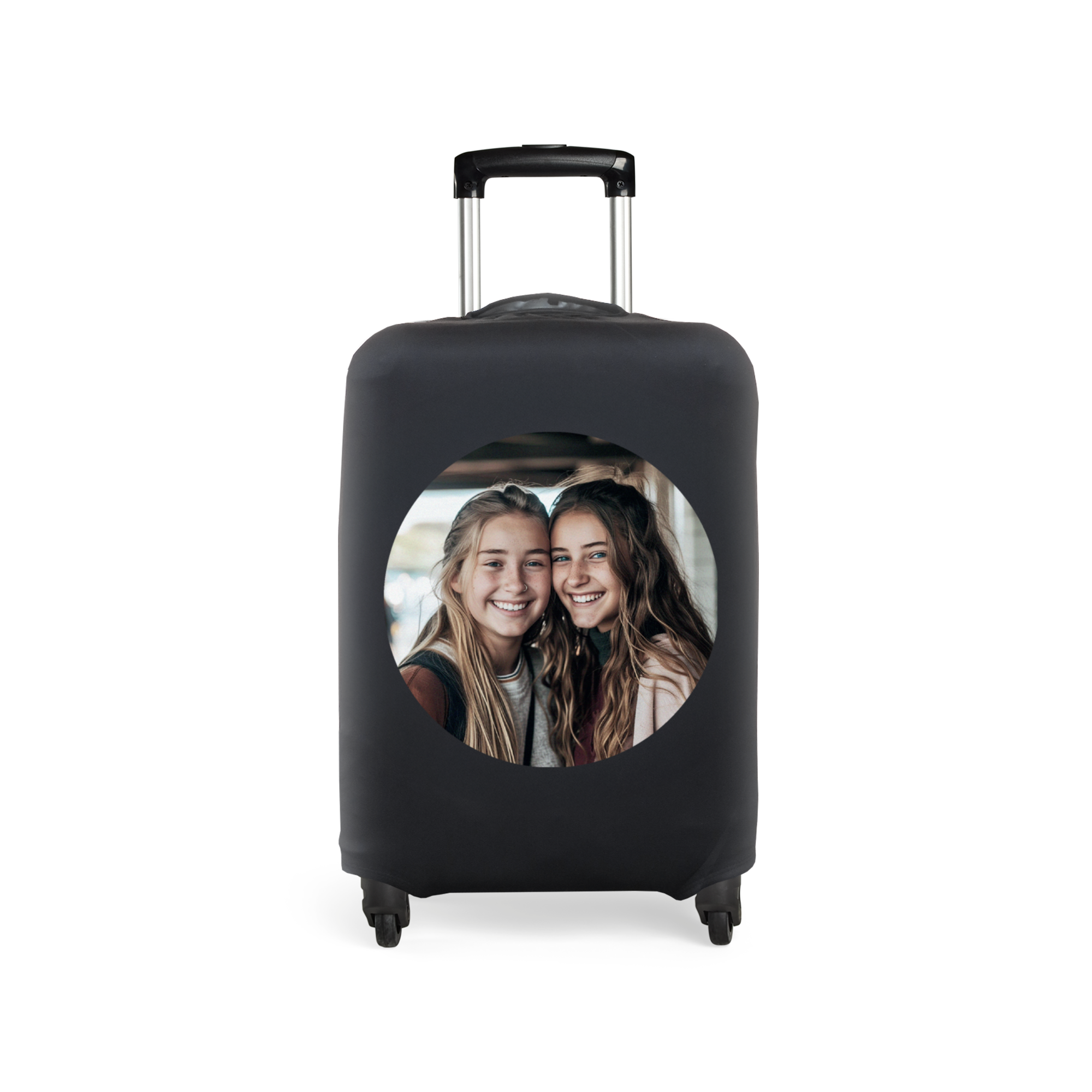 Black elastic suitcase cover custom printed with a photo of two smiling girls. Make luggage stand out.