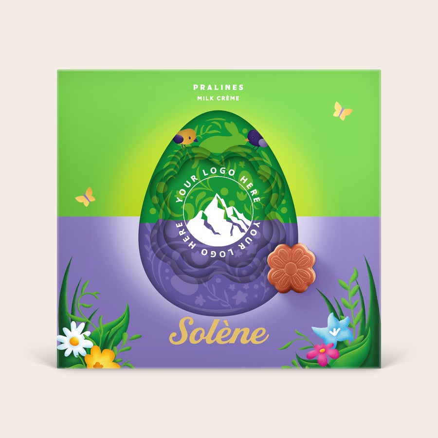 Coffret cadeau Milka 3D personnalisé - Pâques Coffret cadeau Milka 3D personnalisé avec prénom Solène et un logo. Créez la magie de Pâques.