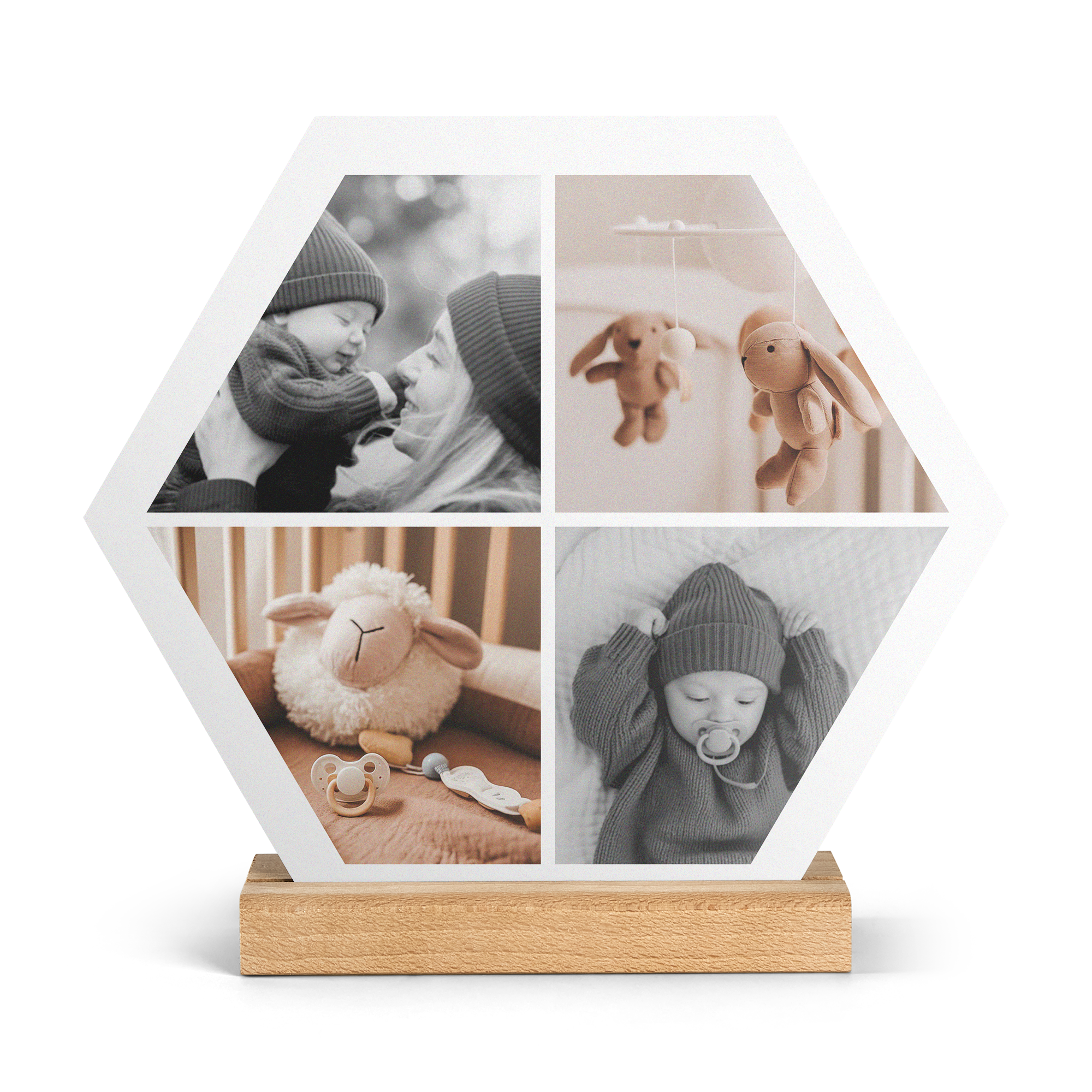Azulejo hexagonal de madeira com 4 fotos personalizadas de bebê, base em madeira clara