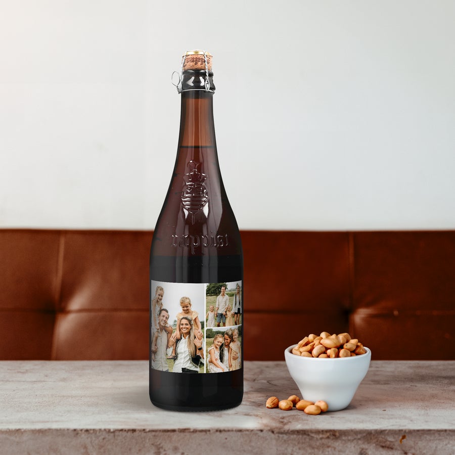 Bier Trappistenbier La Trappe Isid'or personalisieren Trappistenbier mit personalisiertem Etikett bedruckt mit fünf Familienfotos und einer Schale Nüsse.