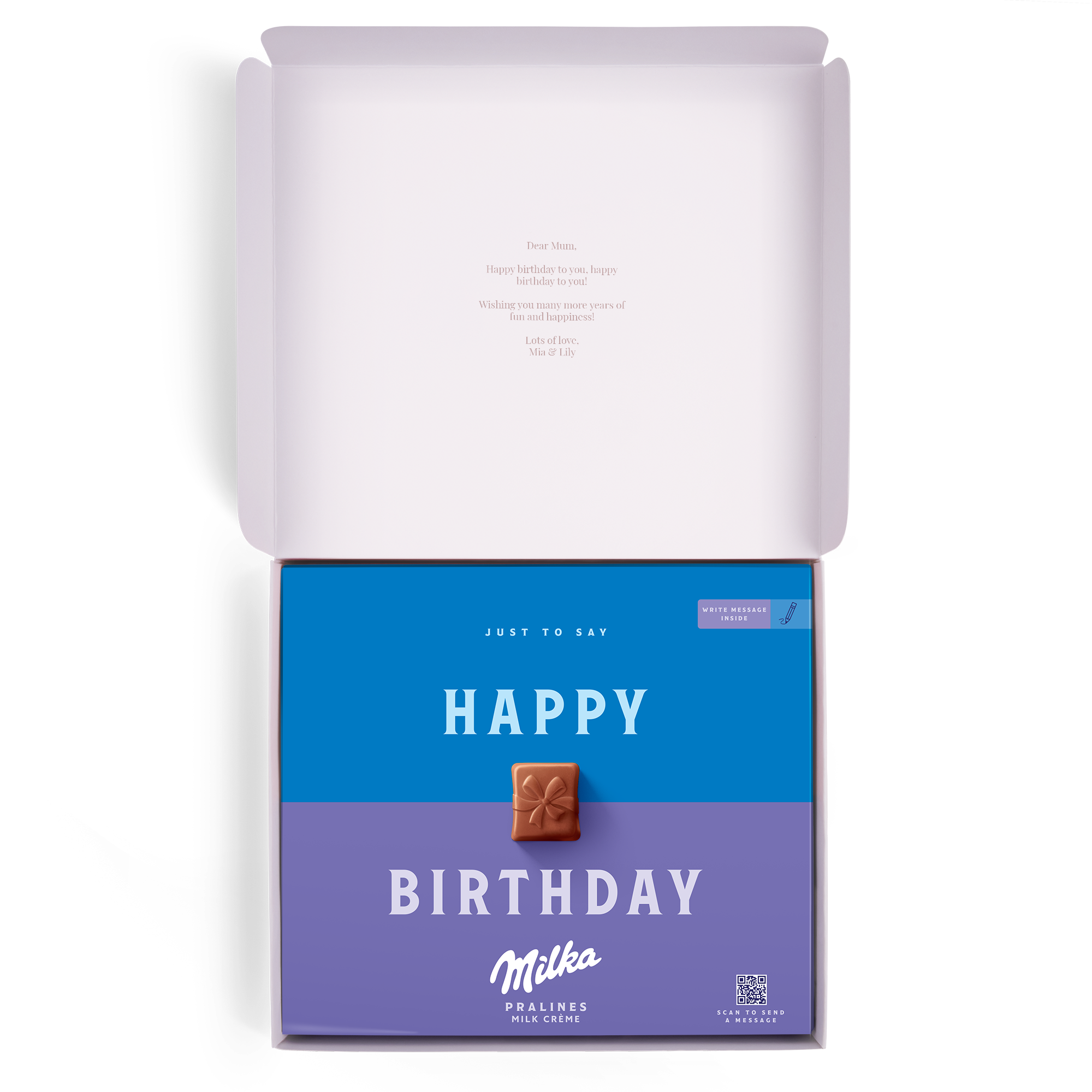 Hyvää syntymäpäivää Milka-suklaakonvehtirasia, jossa painettu kansi ja Happy Birthday -teksti