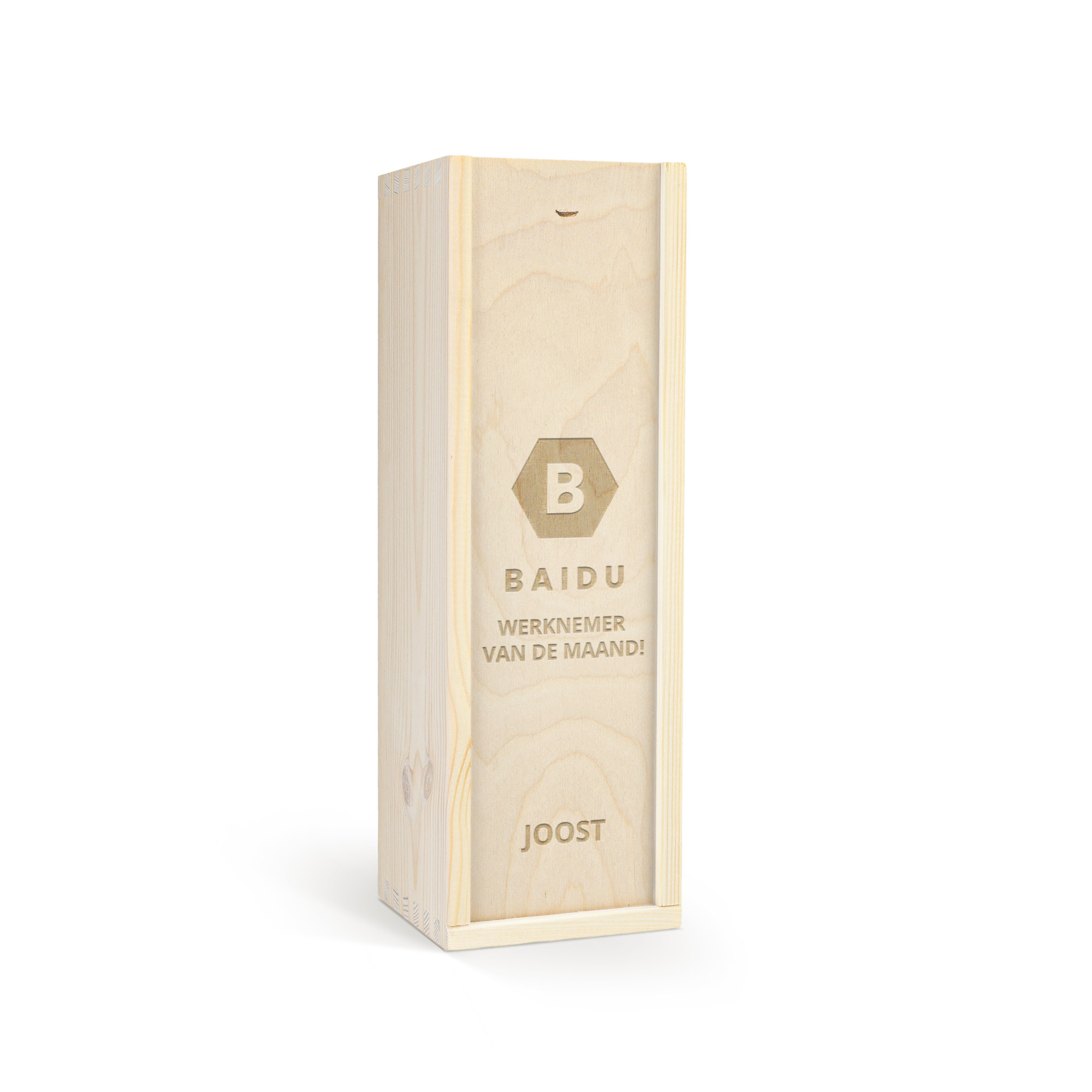 Houten wijnkist gegraveerd met "B", "BAIDU", "WERKNEMER VAN DE MAAND!" en "JOOST", voor een gepersonaliseerde houten wijnkist.