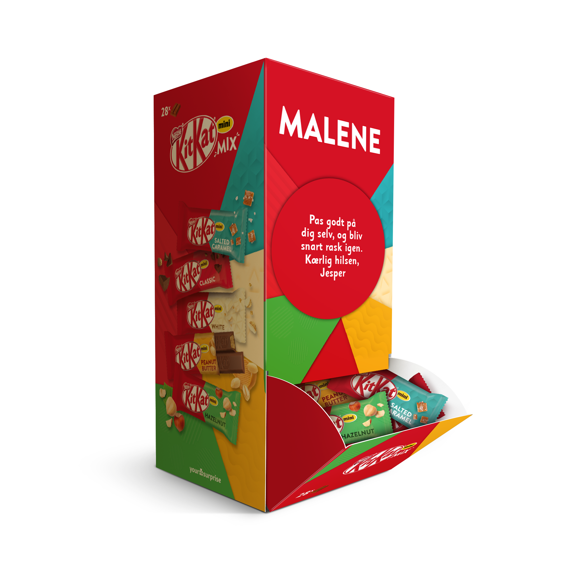 Personlig KitKat Mini Mix-gaveæske med navnet "Malene" og besked til at overraske dine kære med chokolade.