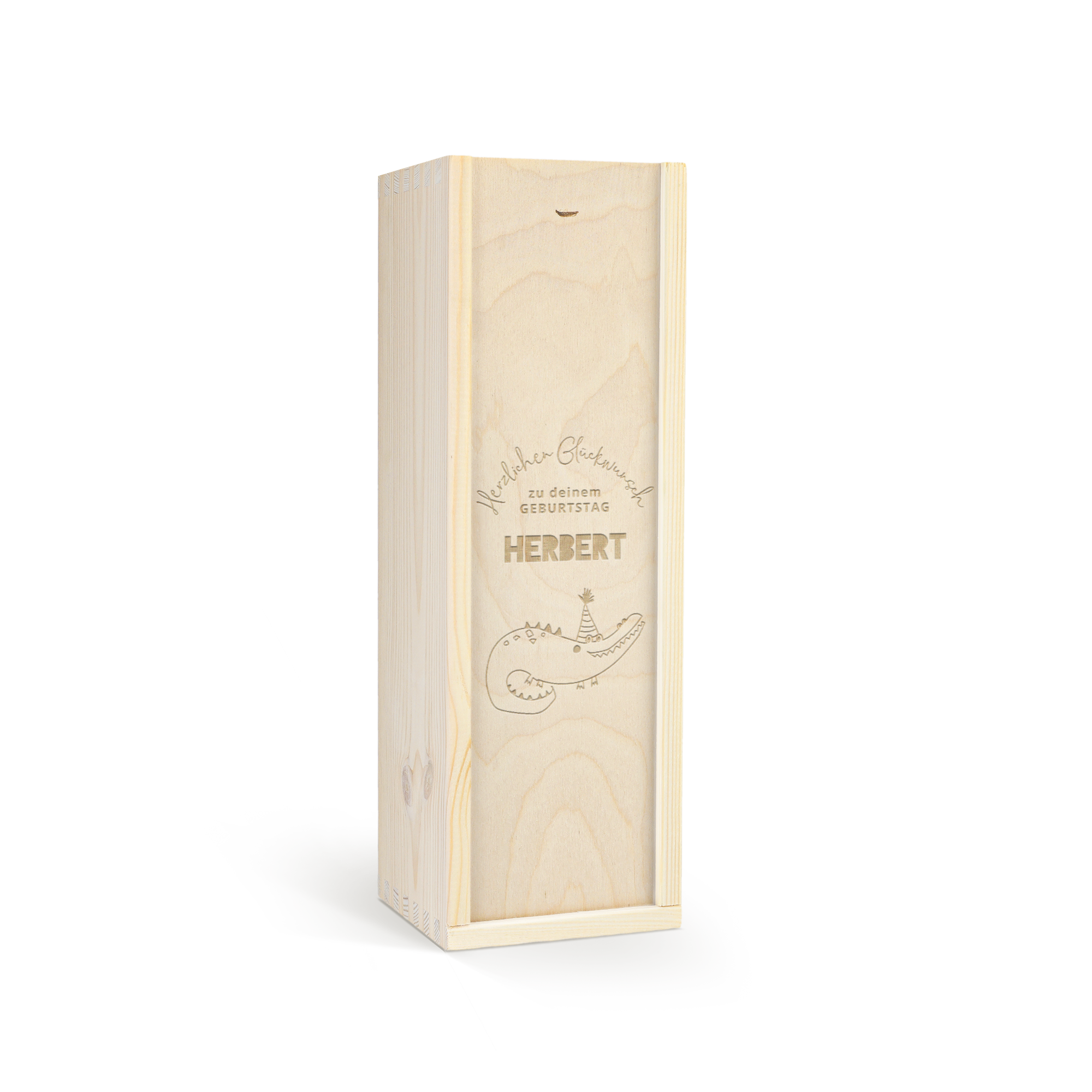 Holzkiste mit Gravur, personalisiert mit "Herzlichen Glückwunsch zu deinem Geburtstag HERBERT" und einem Krokodil für Kindersekt