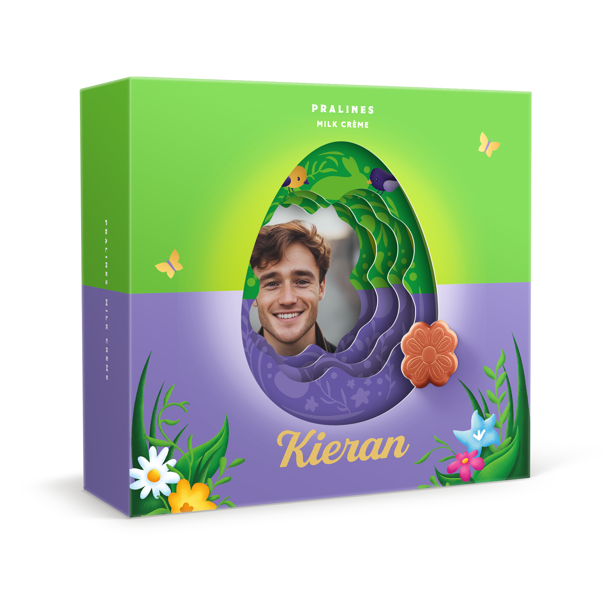 Caixa de presente Milka 3D personalizada para a Páscoa, com foto impressa e o nome Kieran