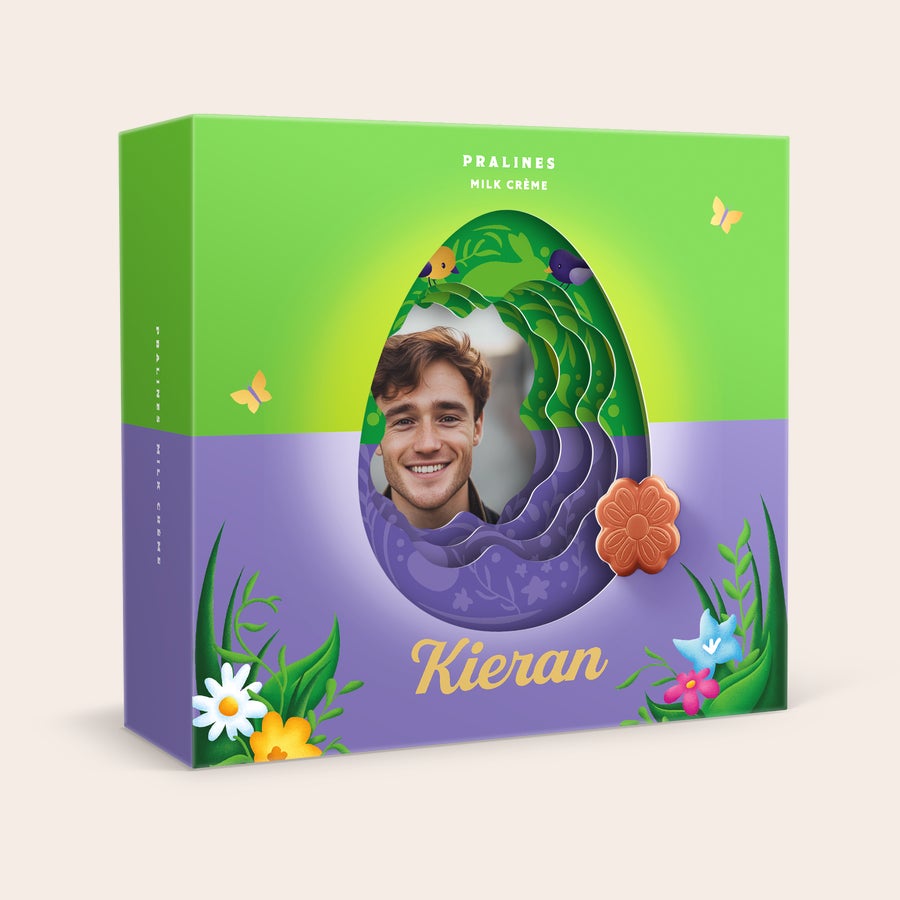 Henkilökohtainen Milka 3D -lahjarasia - pääsiäinen Milka 3D-lahjarasia omalla kuvalla ja nimellä "Kieran", pääsiäisteema.