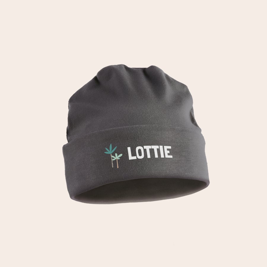 Baba kalap Szürke nyomott baba sapka pálmafás mintával és LOTTIE felirattal, személyre szabható