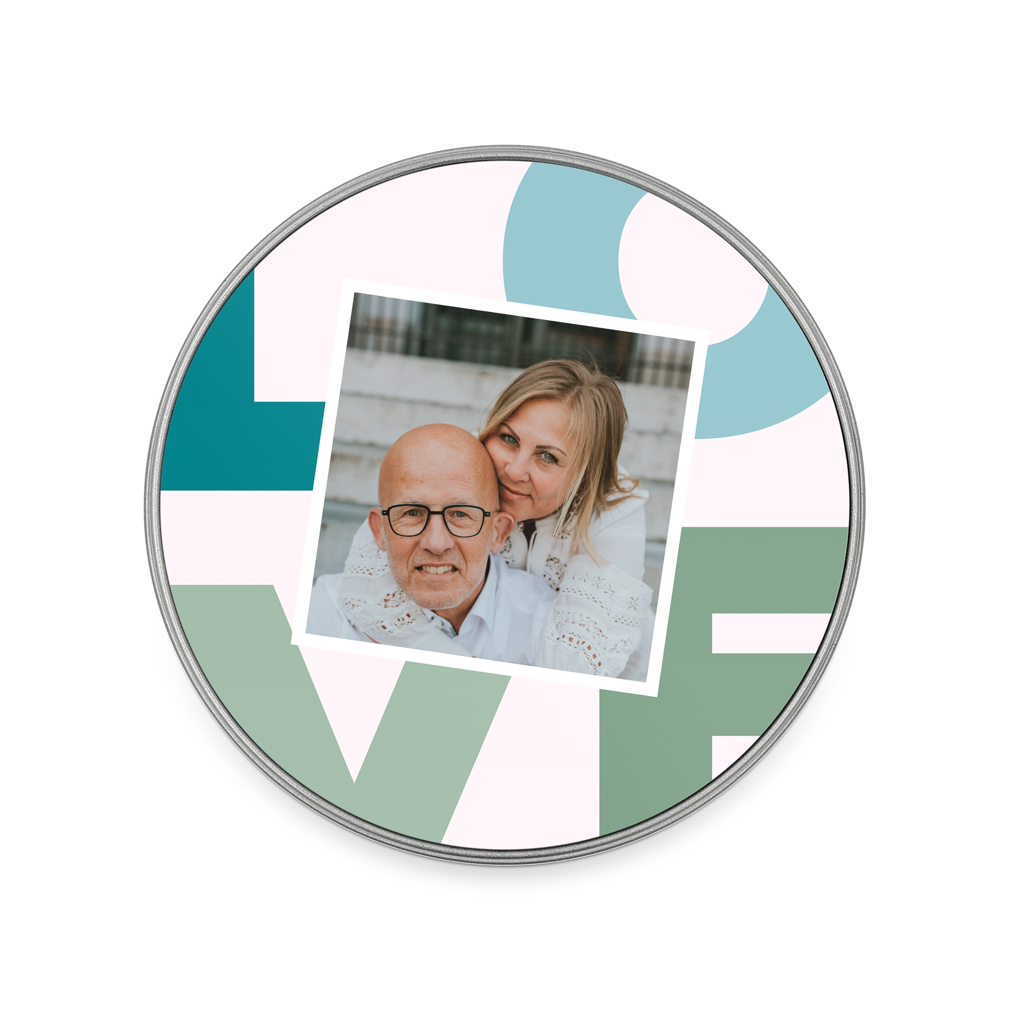 Round gift tin for Oreo, printed with a photo of a couple and love graphic