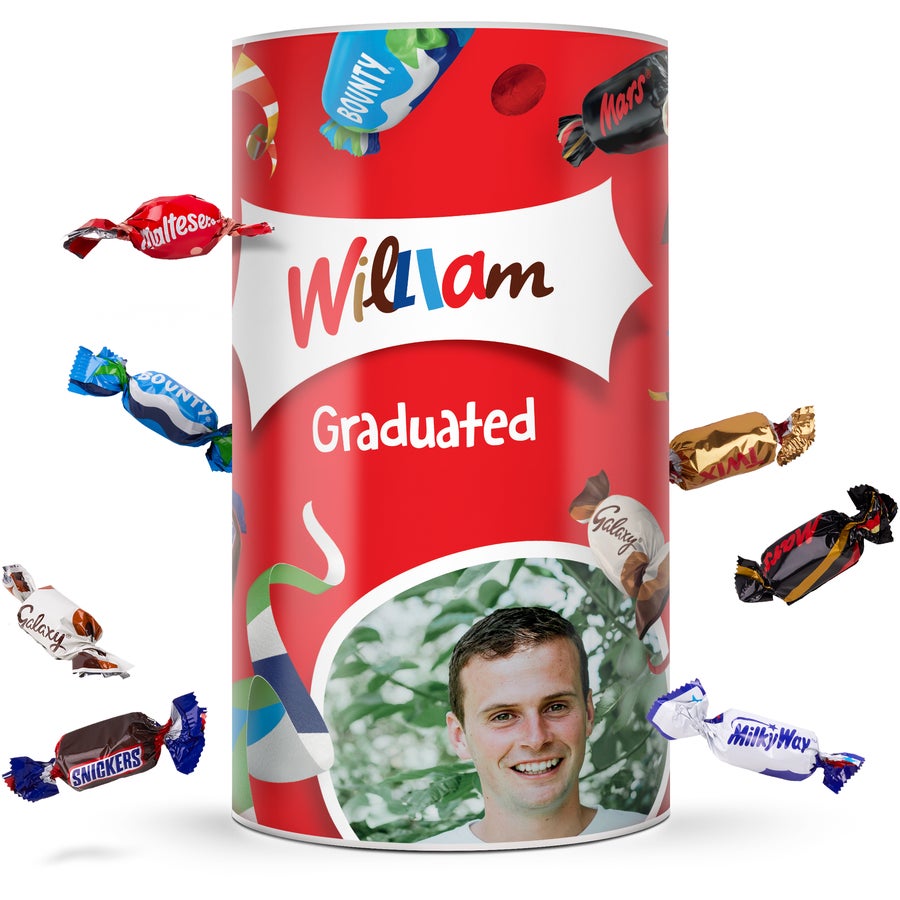 Personalised Celebrations tube Red Personalised Celebrations tube with William Graduated text and a photo, printed with custom text and a photo.