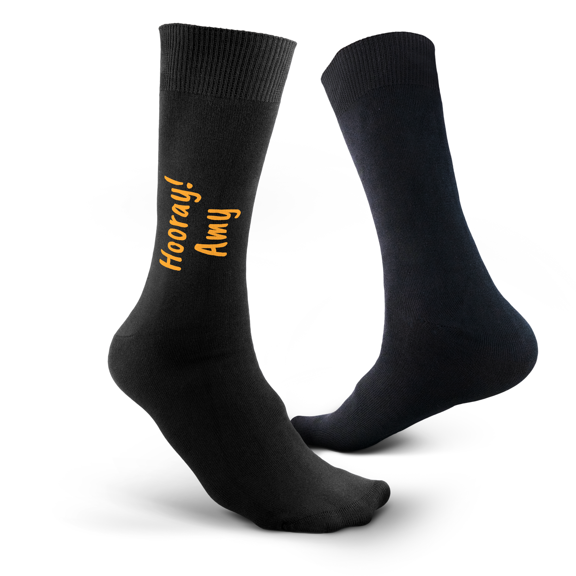 Black personalized socks, one printed with Hooray Amy in orange text