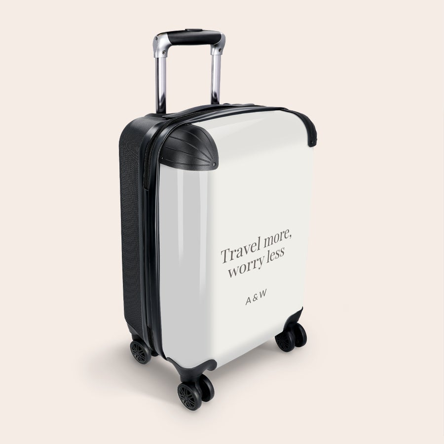Gepersonaliseerde fotokoffer - Handbagage formaat Gepersonaliseerde fotokoffer - Handbagage formaat. Witte reiskoffer met de tekst