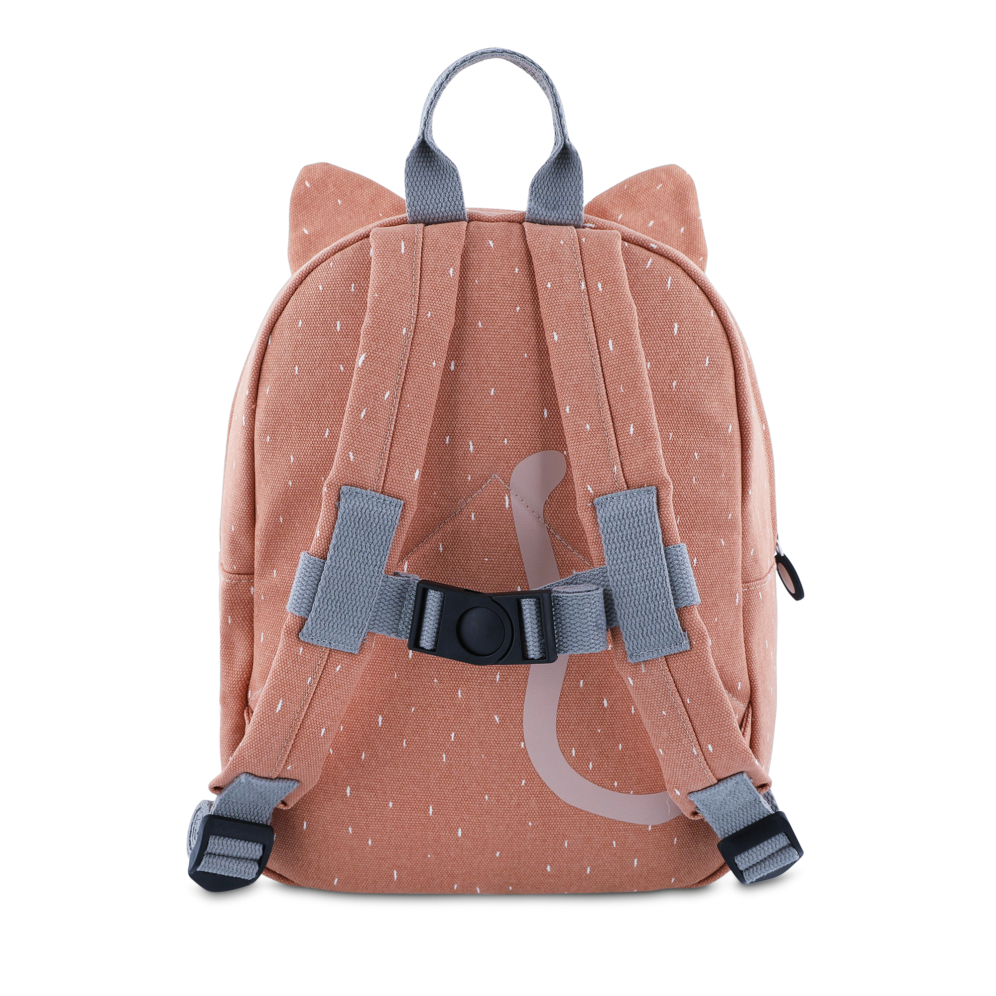 Zaino per bambini a forma di gatto color rosa salmone con orecchie e coda in rilievo, stampato con un nome personalizzato.