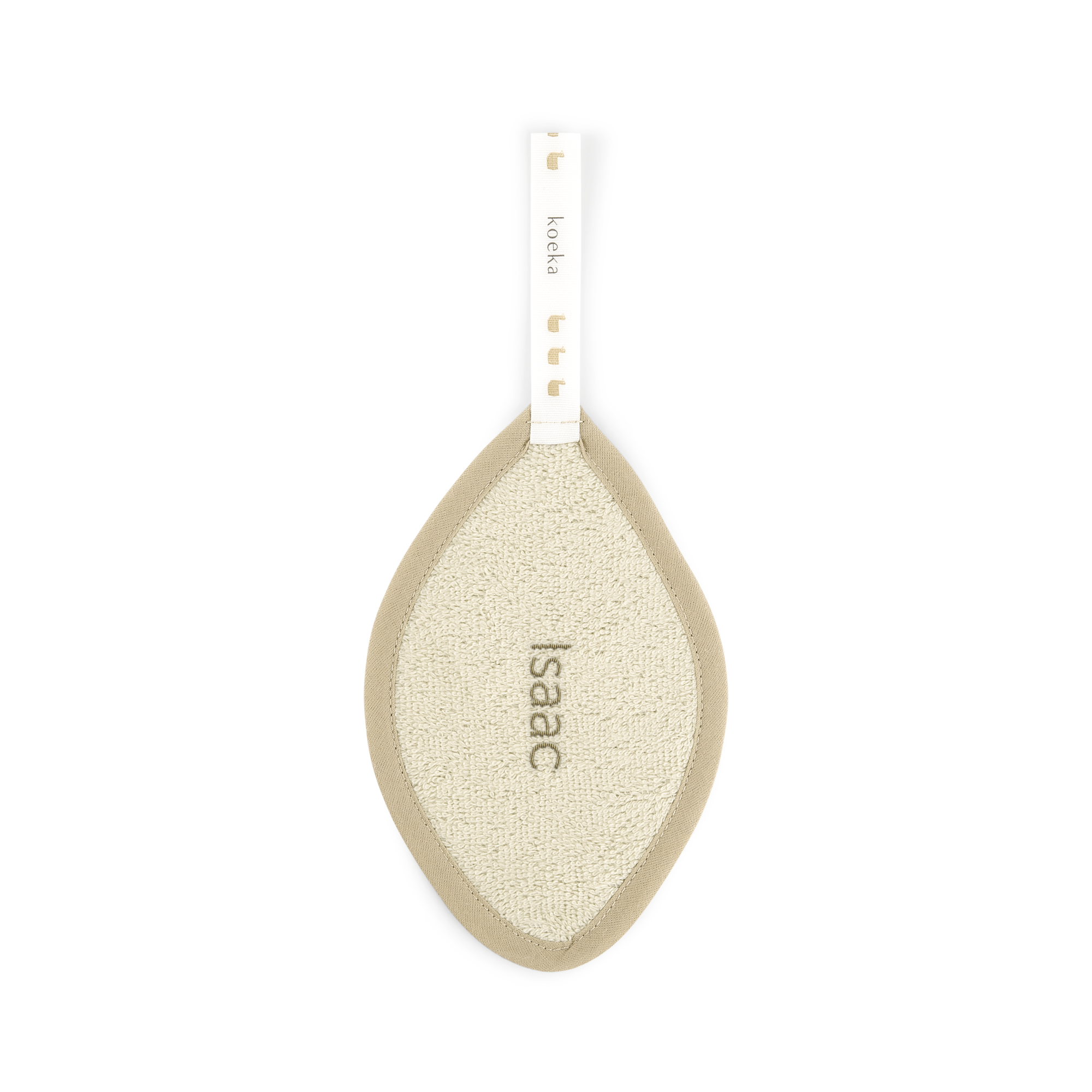 Koeka snuttedocka i beige frottétyg, broderad med namnet Isaac i mitten för att överraska dina nära och kära.