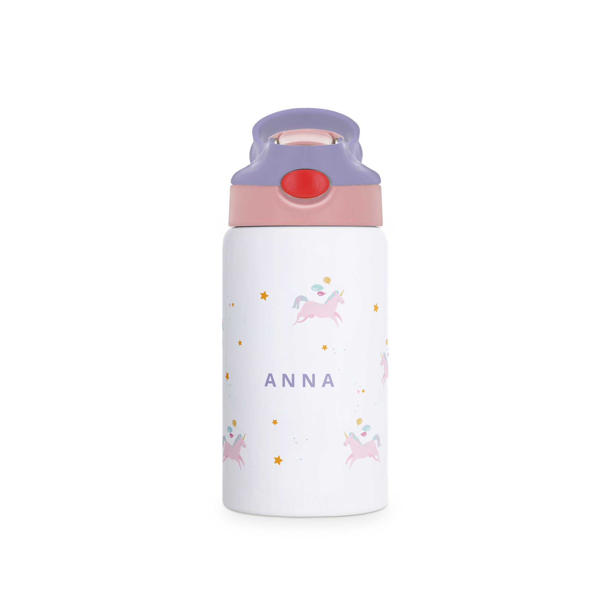 Personalisierte Kinder-Wasserflasche mit pink-lila Deckel, Einhorn-Druck und Namen Anna bedruckt