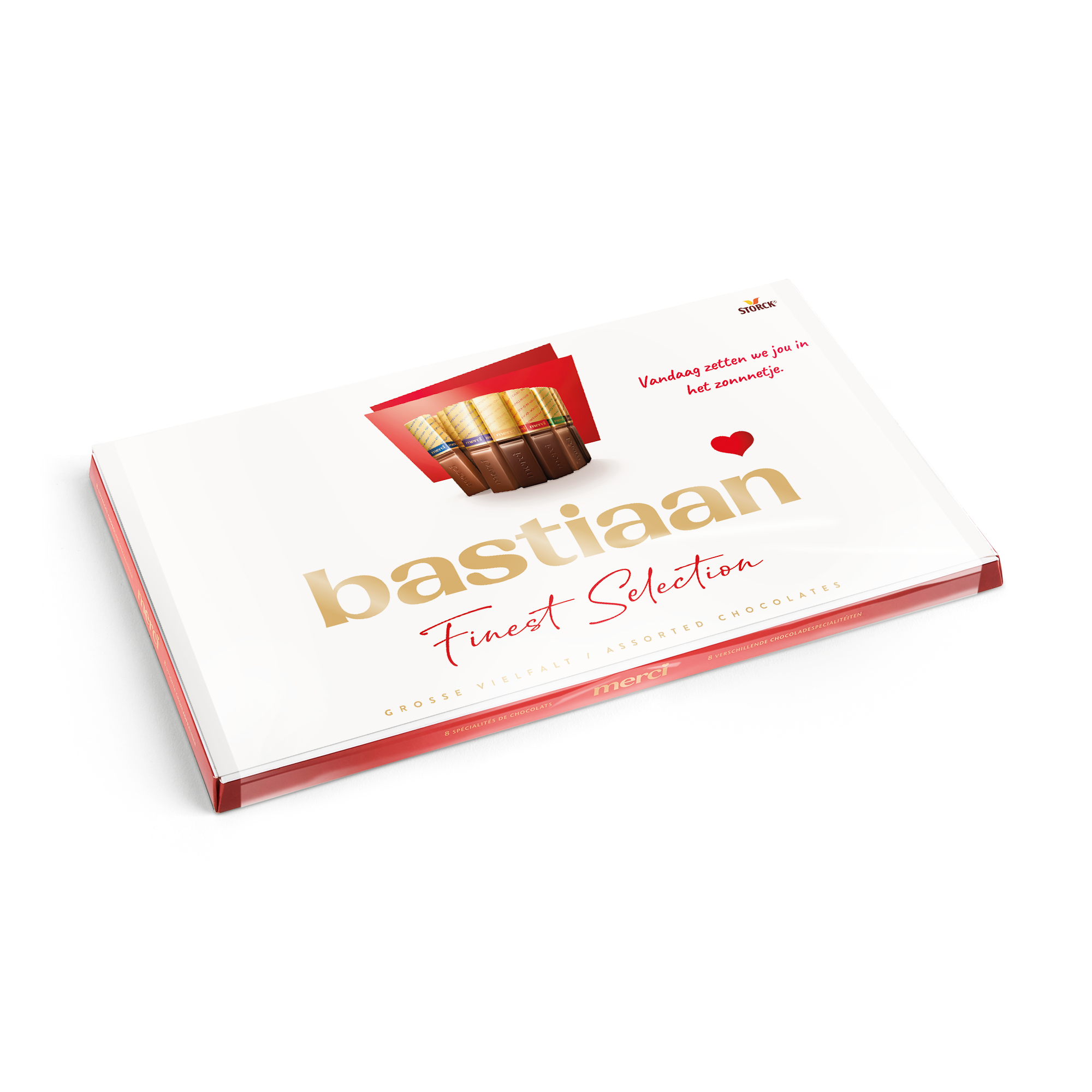 Merci Finest Selection chocolade mix 400 gram met gepersonaliseerde kaart bedrukt met de naam Bastiaan en de tekst Vandaag zetten we jou in het zonnetje.