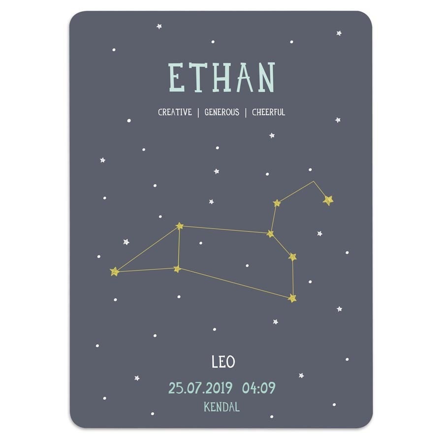Folha Milestone para decorar o quarto do bebê, impressa com nome Ethan, data de nascimento e signo de Leão