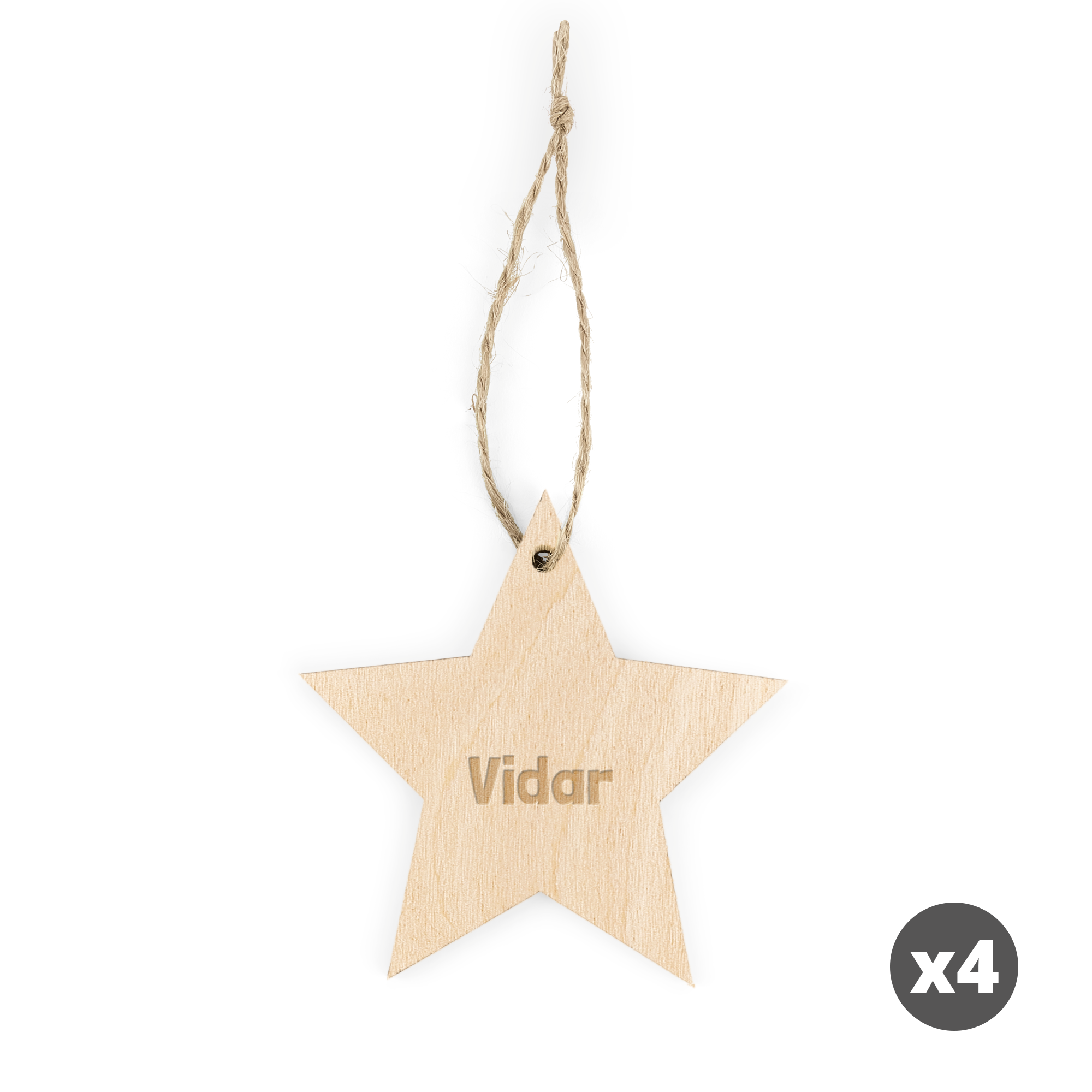 En graverad julstjärna i trä med namnet Vidar och jutesnöre. Perfekt för att överraska nära och kära.