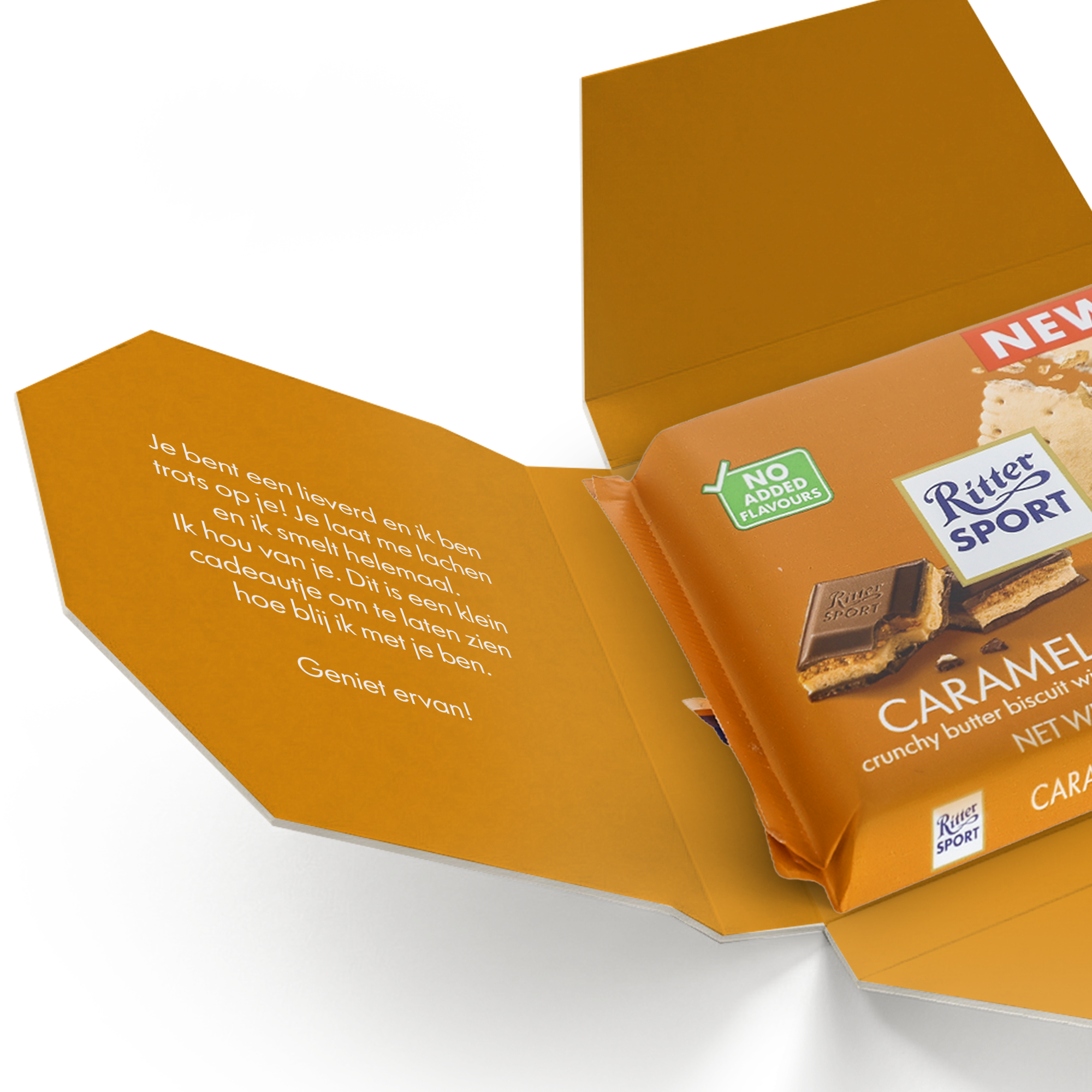 Gepersonaliseerde doos met een Ritter Sport Caramel reep en een liefdevolle boodschap.