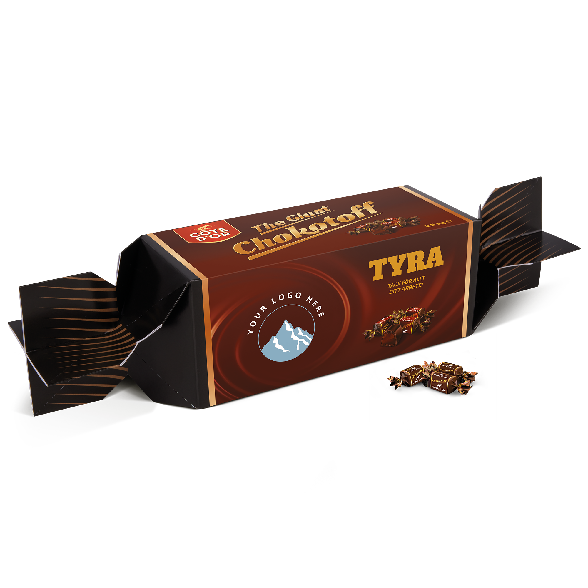 En personlig gigantisk Chokotoff-kola i en specialdesignad förpackning med texten TYRA TACK FÖR ALLT DITT ARBETE! och anpassningsbar logotyp.