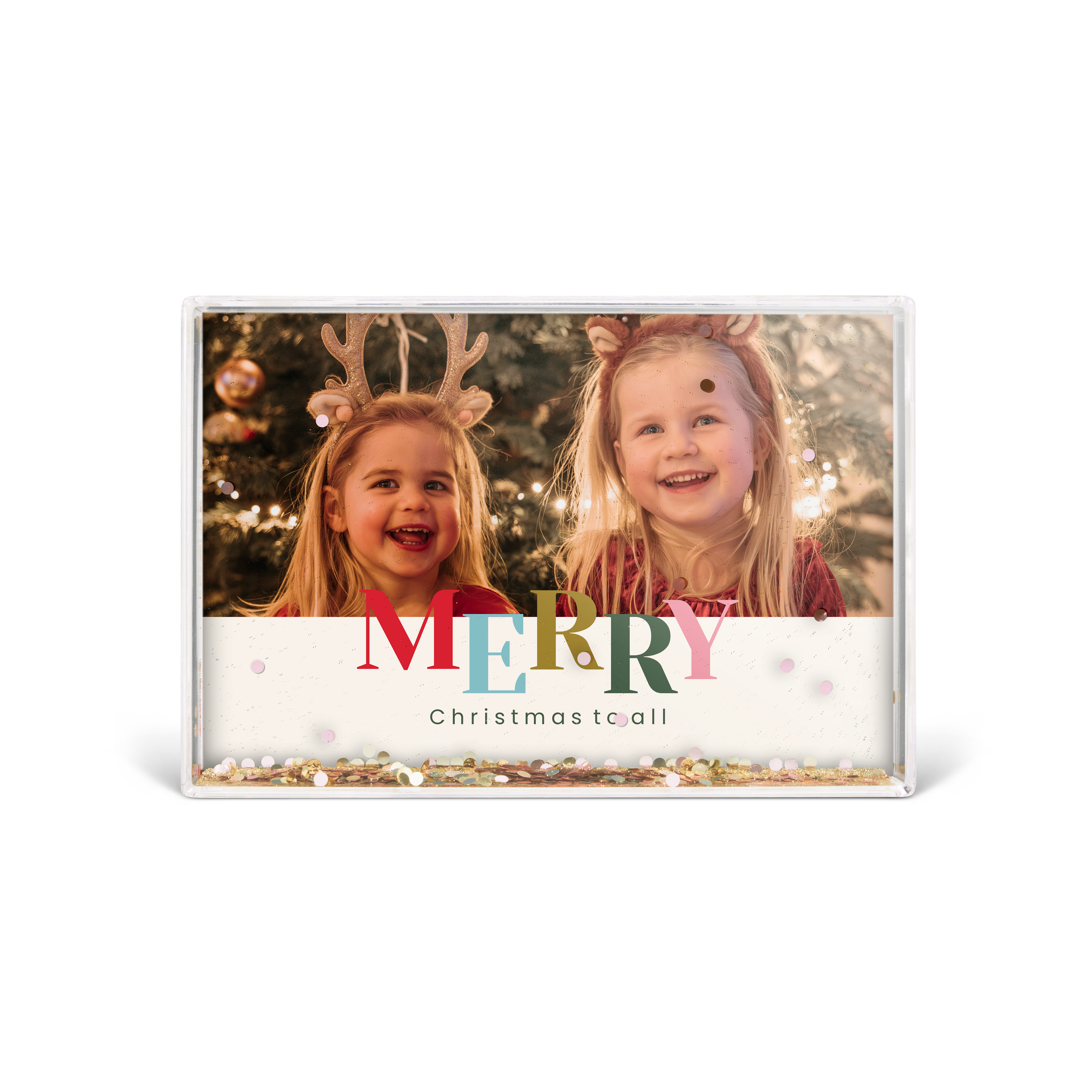 Boule à neige rectangulaire personnalisée avec photo imprimée de deux enfants et confettis colorés, avec le texte Merry Christmas to all