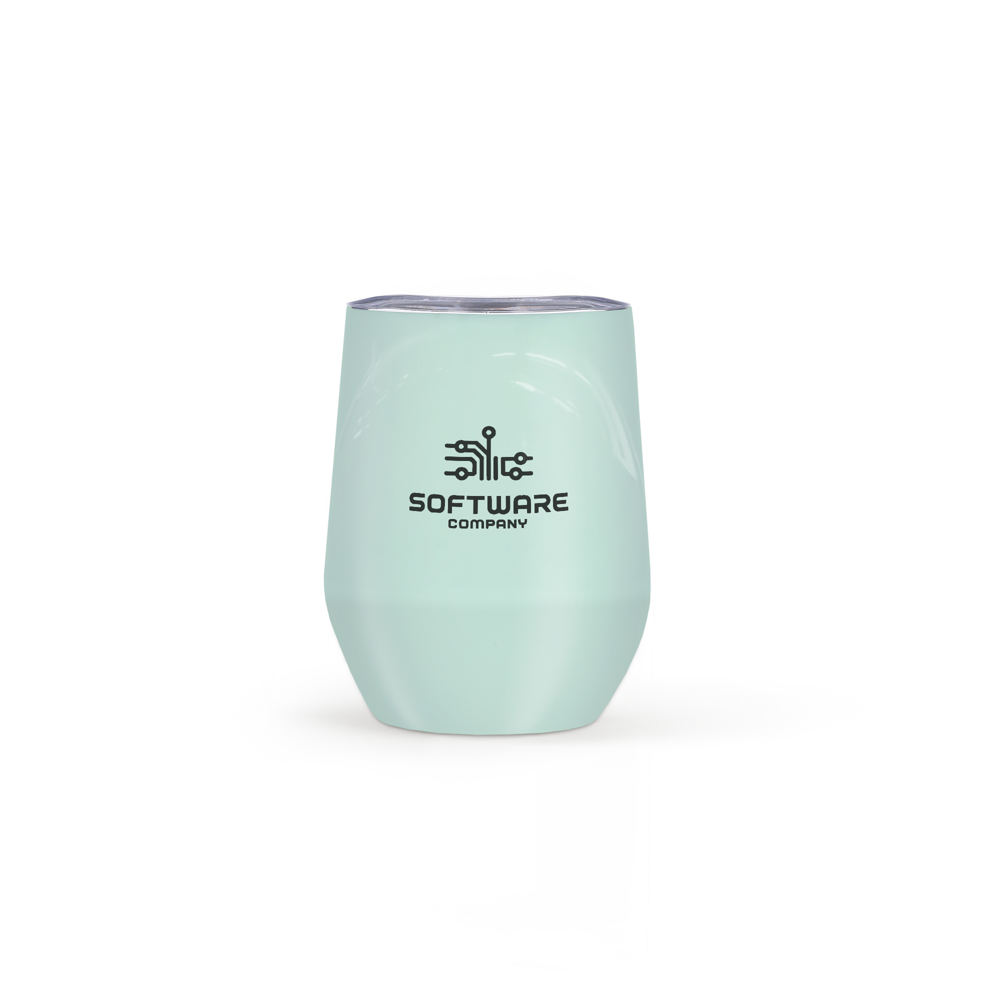 Taza de viaje personalizada verde menta con tapa, impresa con el logo "SOFTWARE COMPANY" en negro.