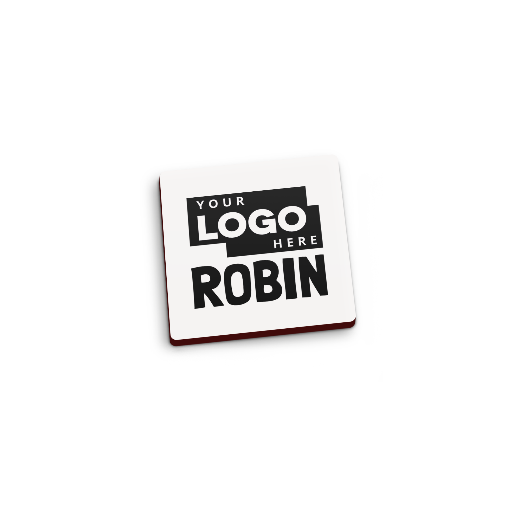 Zestaw czterech spersonalizowanych magnesów z nadrukowanym napisem Your Logo Here i imieniem Robin