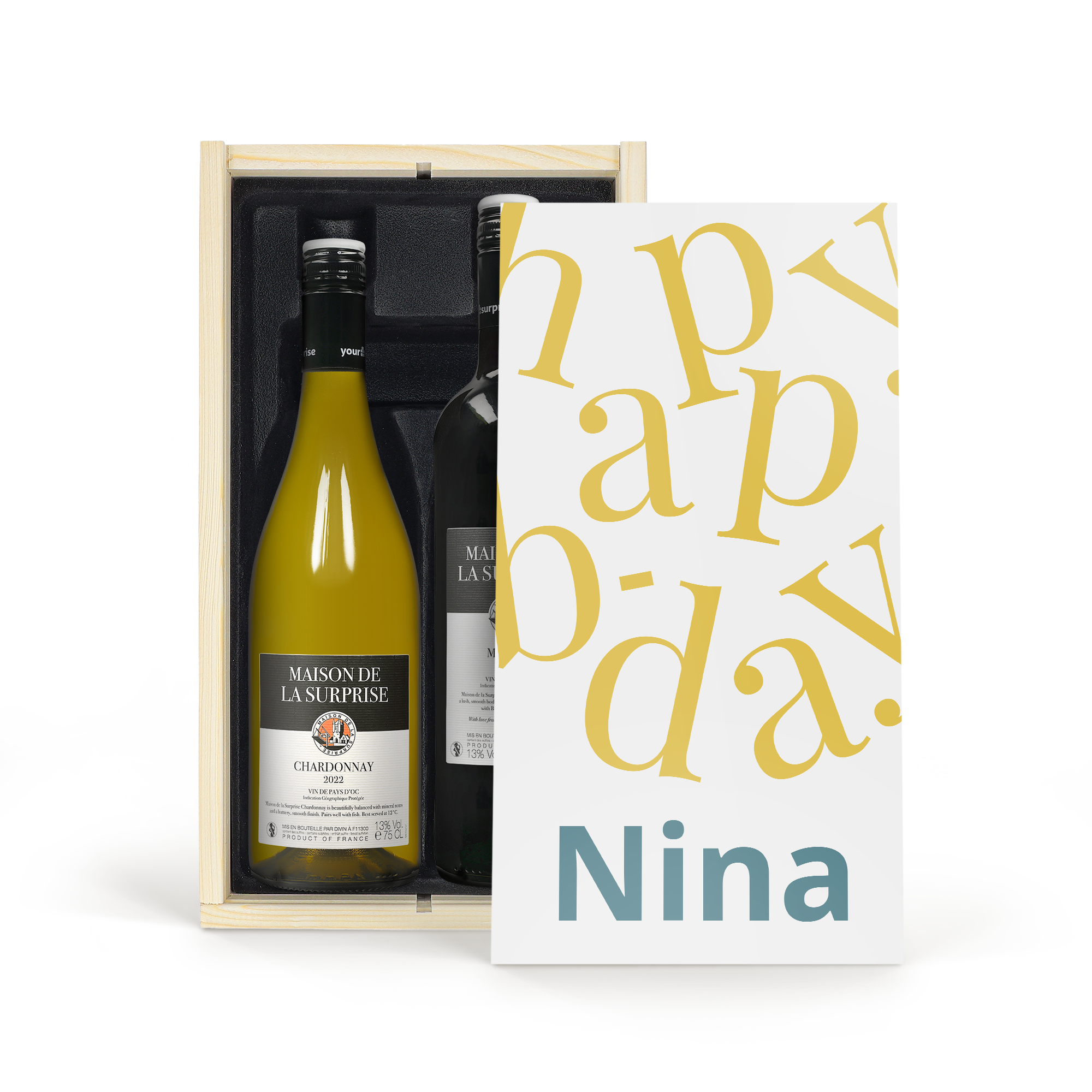 Zestaw do wina Luc Pirlet Merlot i Chardonnay w drewnianej obudowie z nadrukowanym napisem Happy Birthday i imieniem Nina.