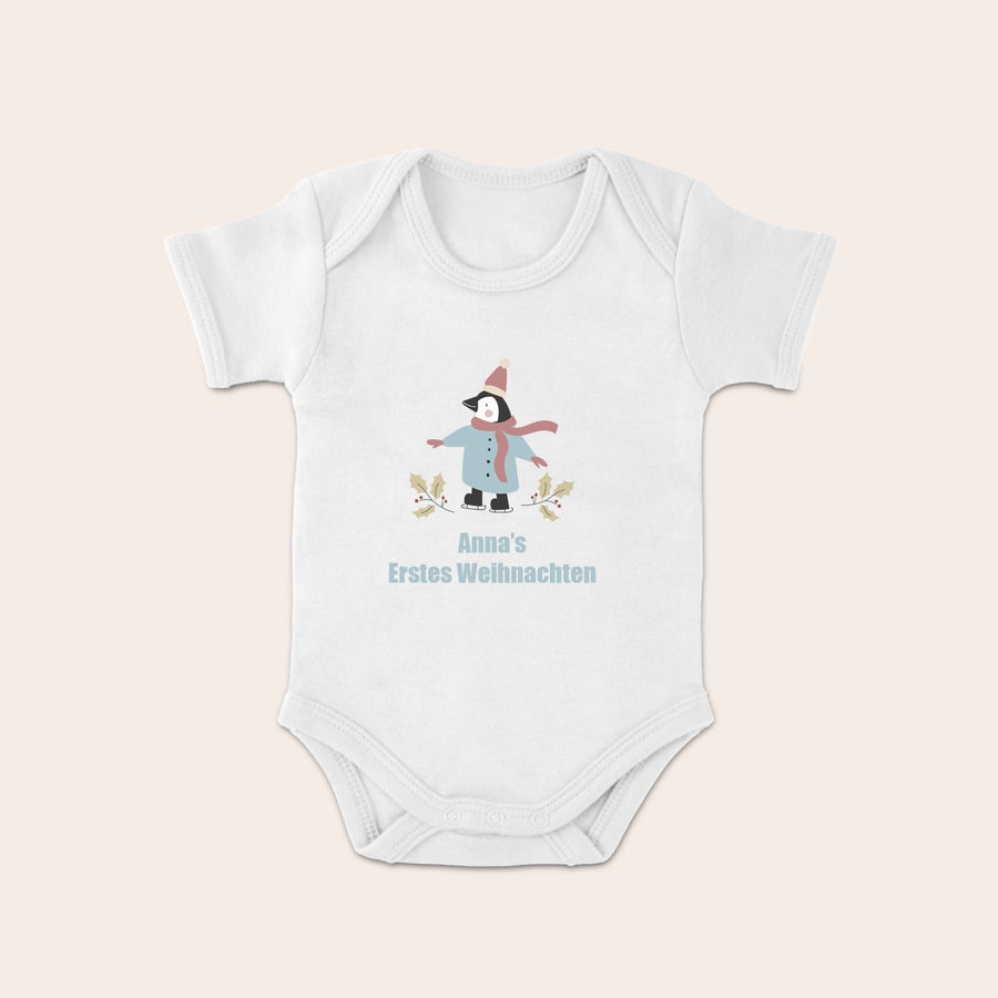 Weihnachtsbody Baby Baby Body mit bedrucktem Pinguin-Design, dem Namen "Anna" und dem Text "Erstes Weihnachten"