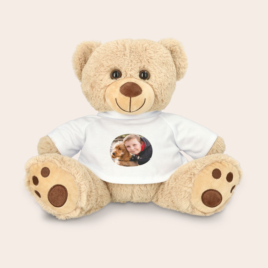 Osito de peluche personalizado Osito de peluche con camiseta blanca personalizada, impreso con foto de niño y perro.