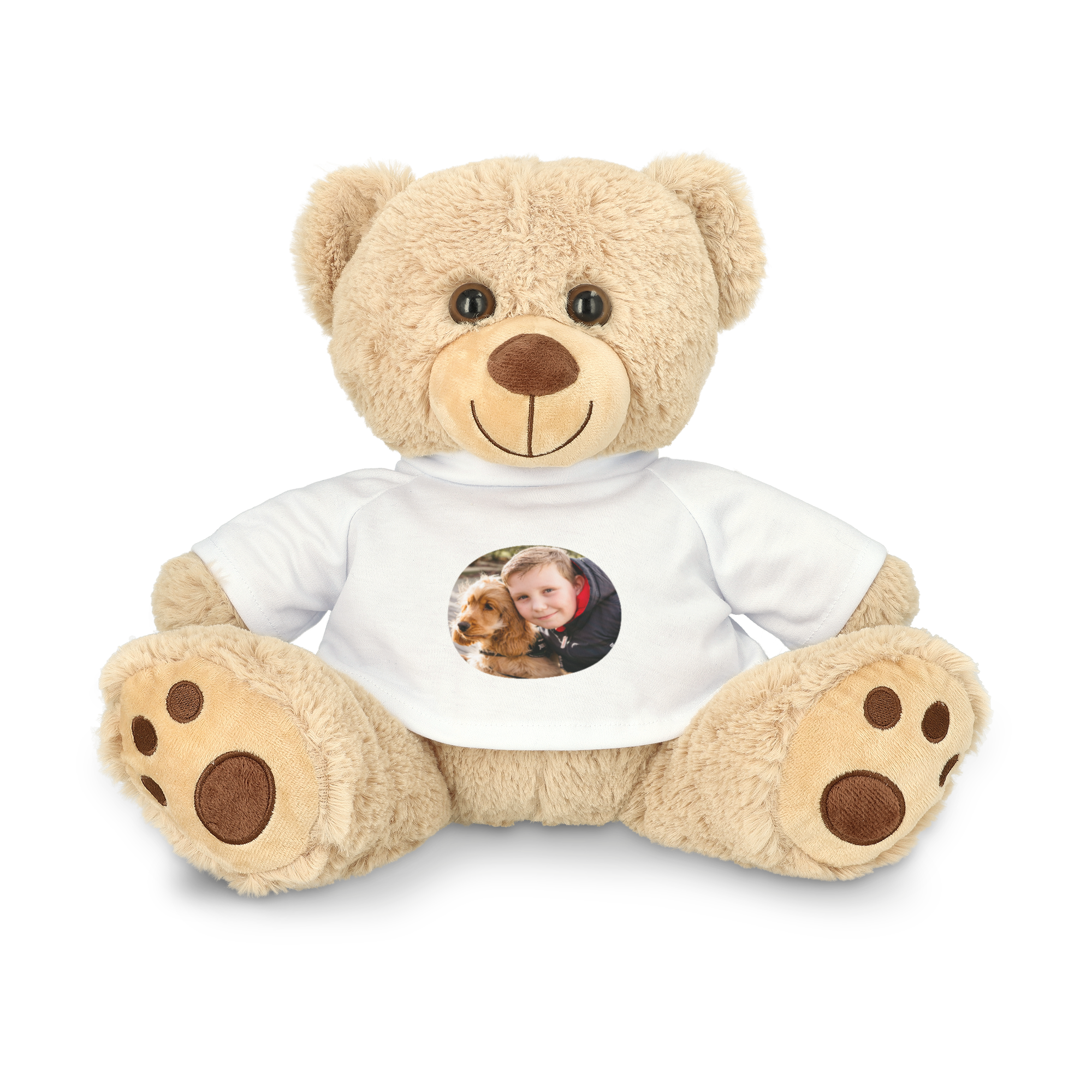 Ours en peluche personnalisé avec un T-shirt blanc imprimé d'une photo d'un enfant et son chien