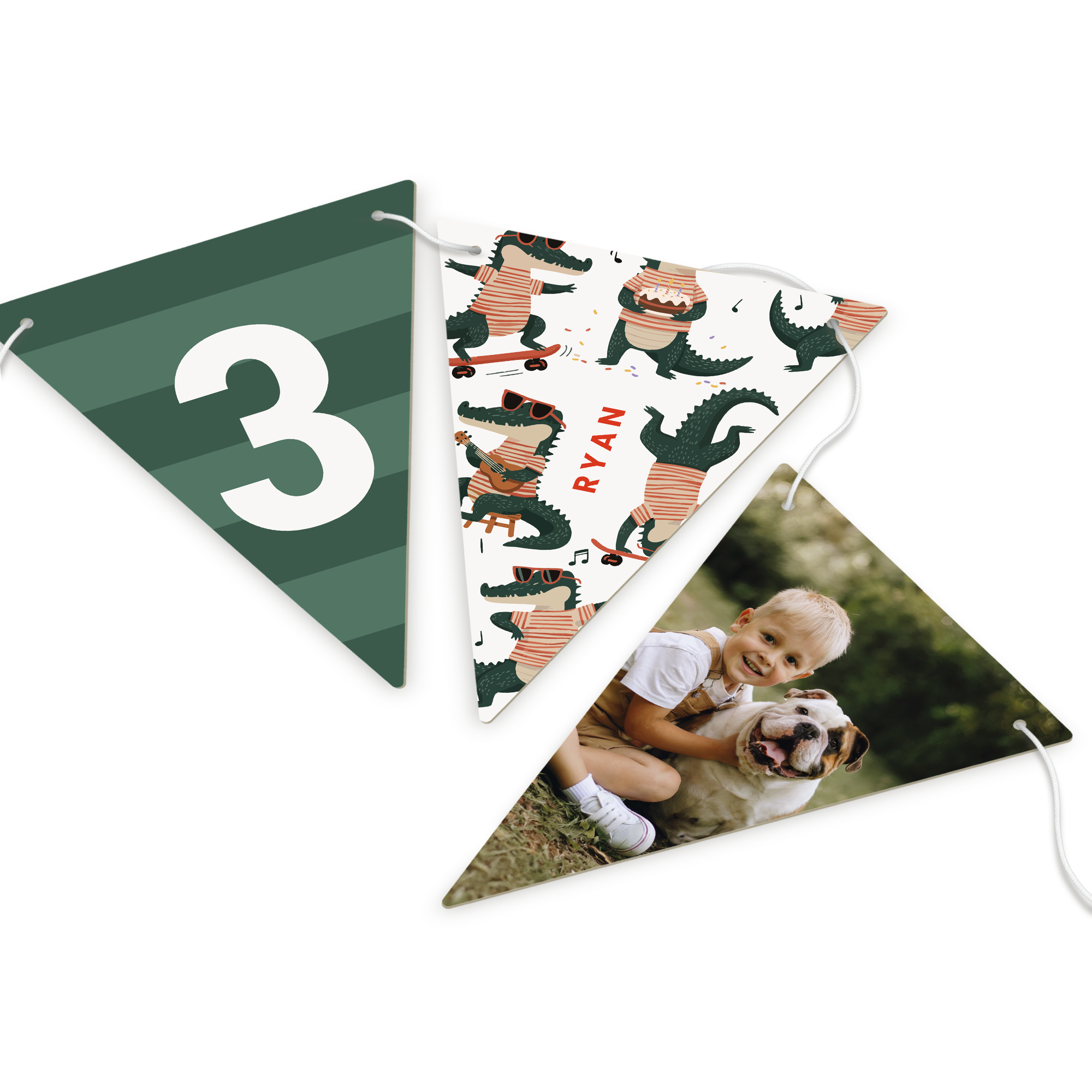 Personalised garland - Triangle - L - 5m printed with childs photo, number 3, and alligator design with name RYAN.