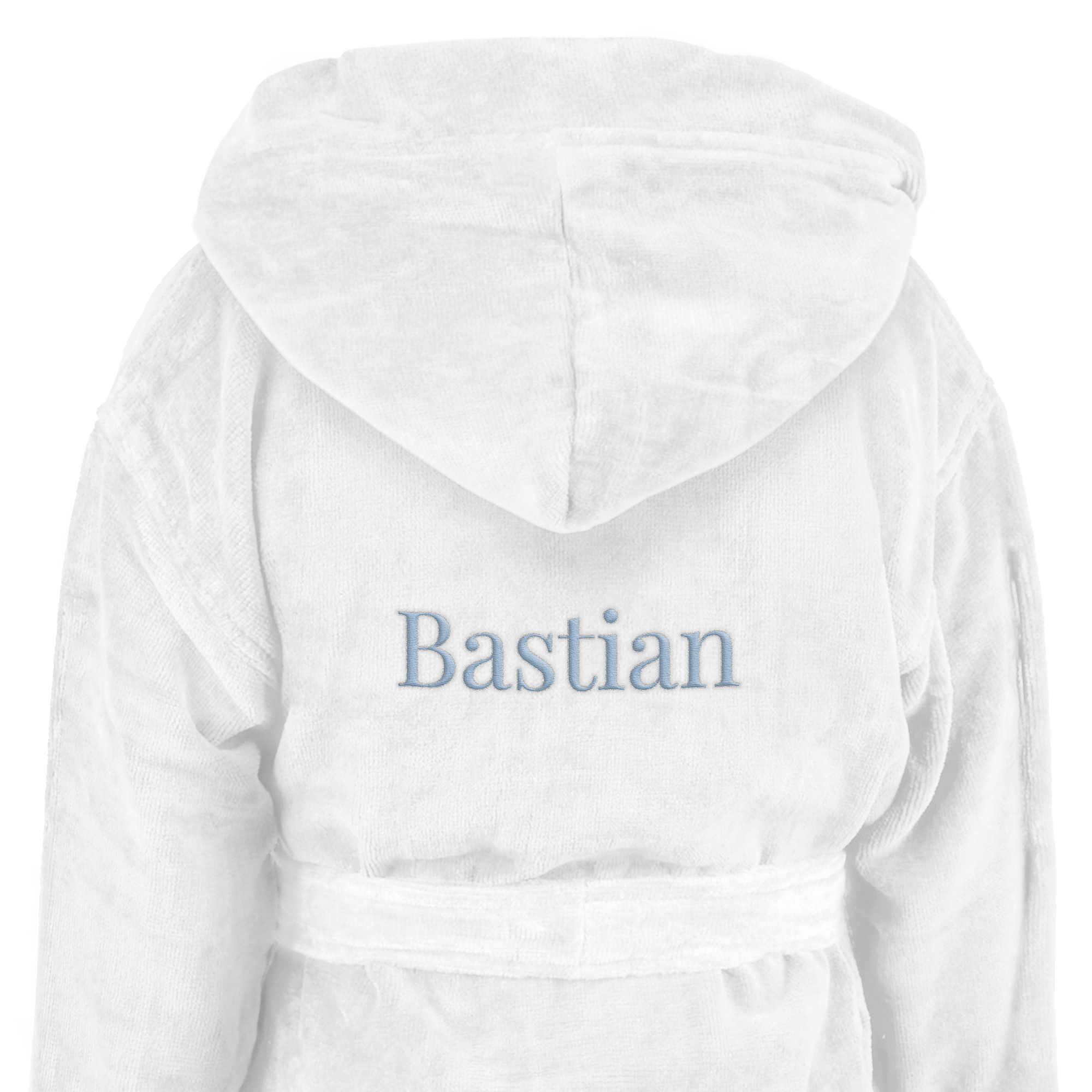 Hvid morgenkåbe til børn broderet med navnet Bastian på ryggen. Overrask med en dejlig blød morgenkåbe til børn med eget navn.