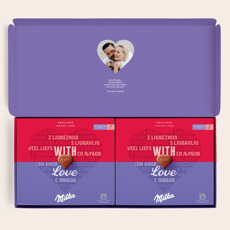 Personalizovaná Milka - Láska Personalizovaná darčeková krabička Milka so srdiečkovými pralinkami, s vytlačenou spoločnou fotografiou a odkazom