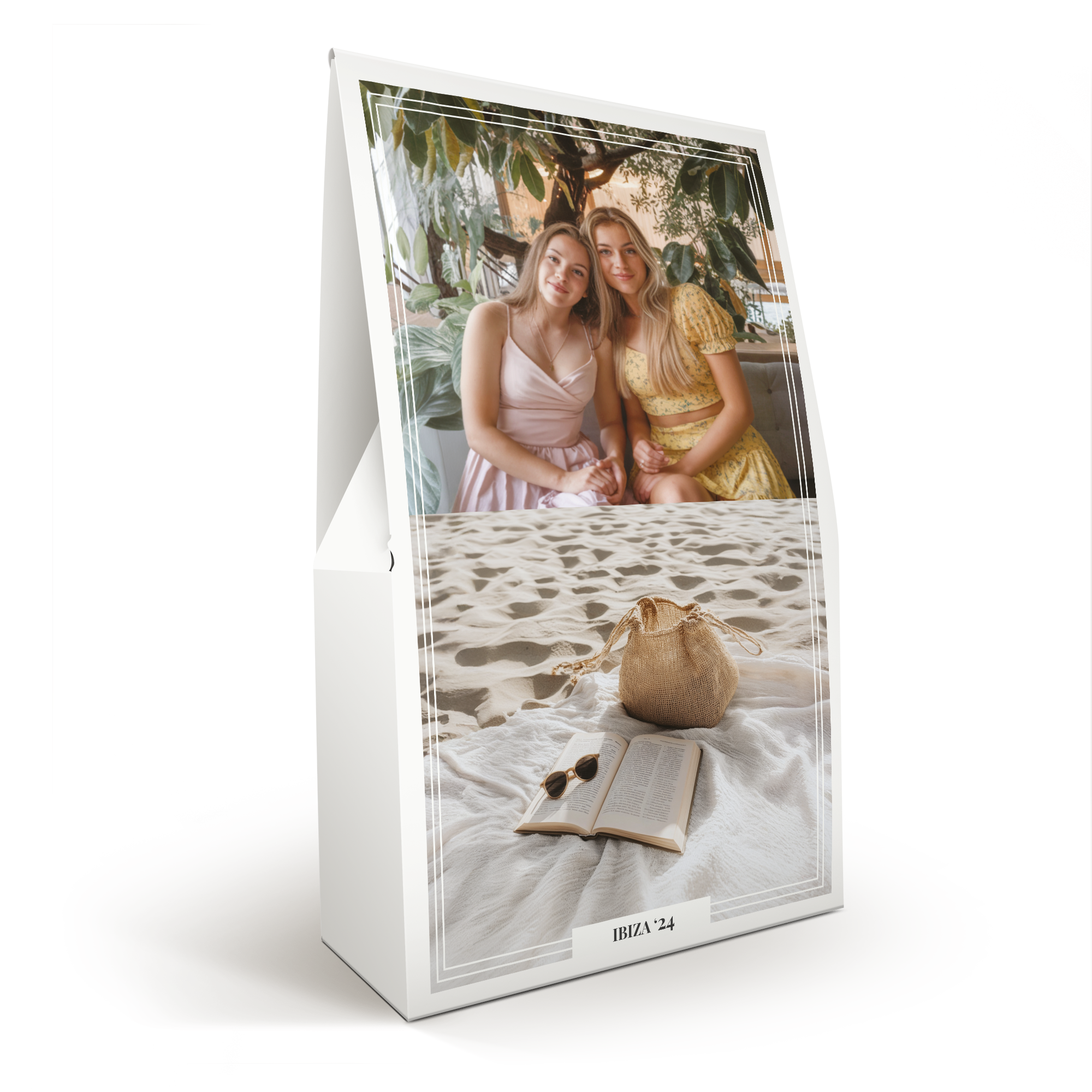 Personalisierter Candy Mix Beutel mit Foto von zwei Frauen und dem Text Ibiza '24, bedruckt mit einem persönlichen Foto.