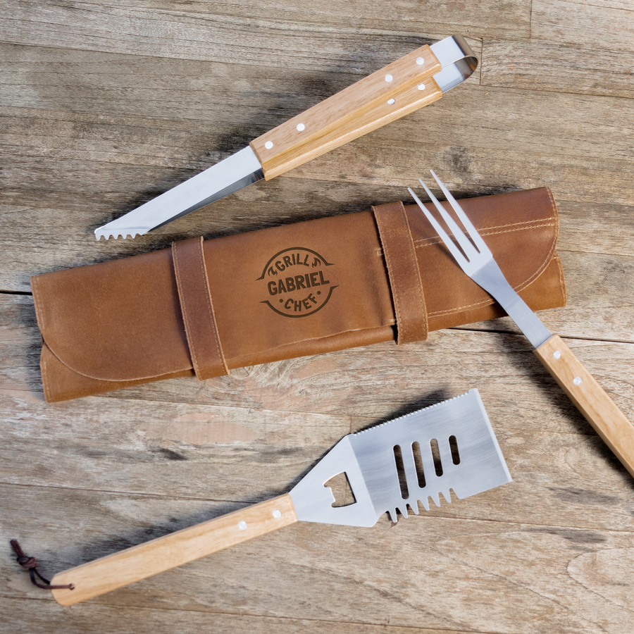 Engraved Wood Grill Set, Custom Grilling Tools