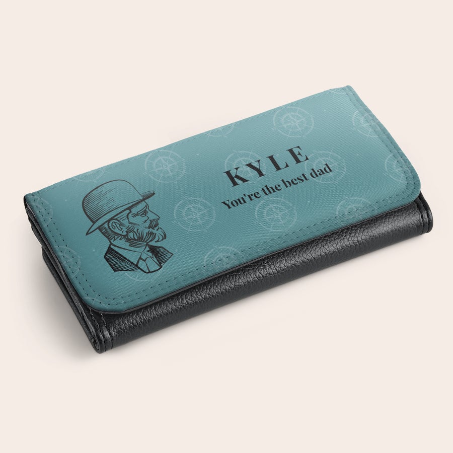 Wallet Personalised large purse printed with an old man wearing a hat, the name Kyle, and the text Youre the best dad.