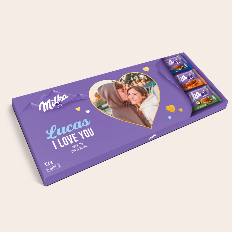 Tableta de chocolate personalizada Milka XXL Una barra de chocolate Milka XXL personalizada con una foto de pareja, el nombre Lucas y la frase "I love you" impresa.