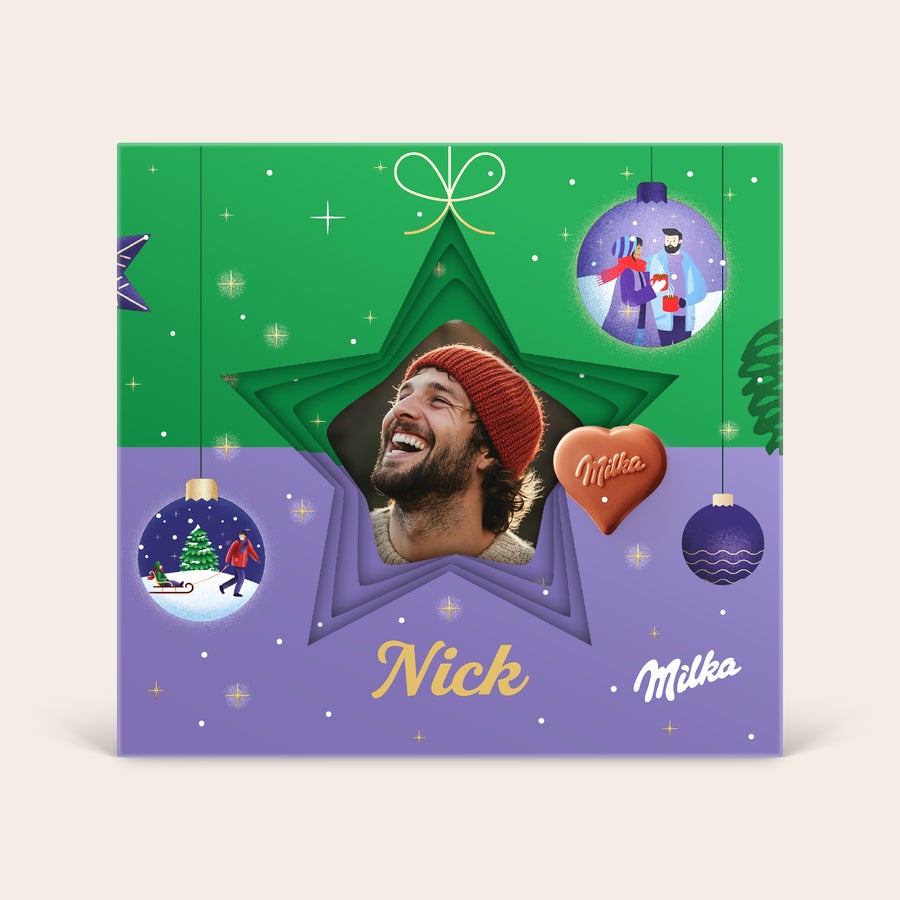 Milka 3D giftbox - Kerstmis Milka 3D giftbox - Kerstmis met kerstdecoratie, gepersonaliseerde foto en naam Nick
