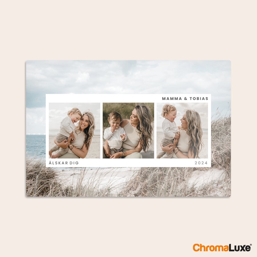 Aluminium fotopanel ChromaLuxe fotopanel med personliga bilder på en mamma och barn vid havet Mamma & Tobias 2024 älskar dig tryckt på aluminium
