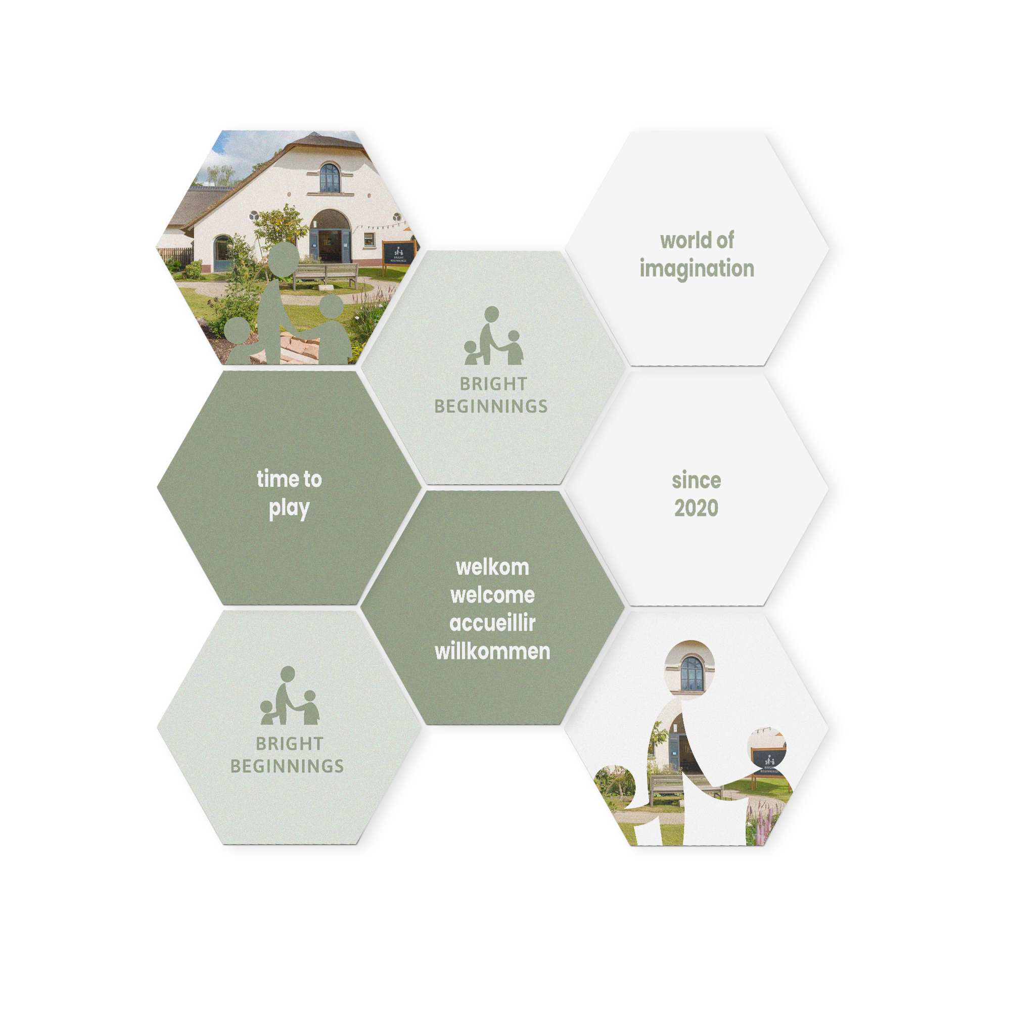 Personlig hexagonformad väggkonstpanel i trä med ett tryckt collage av foton och text för att dekorera din vägg