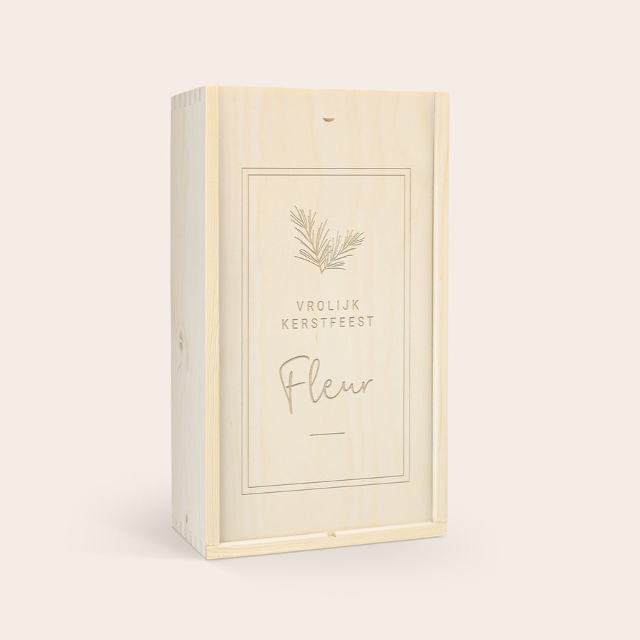 Gepersonaliseerde wijnkist Luxe houten wijnkist gegraveerd met Vrolijk Kerstfeest en de naam Fleur